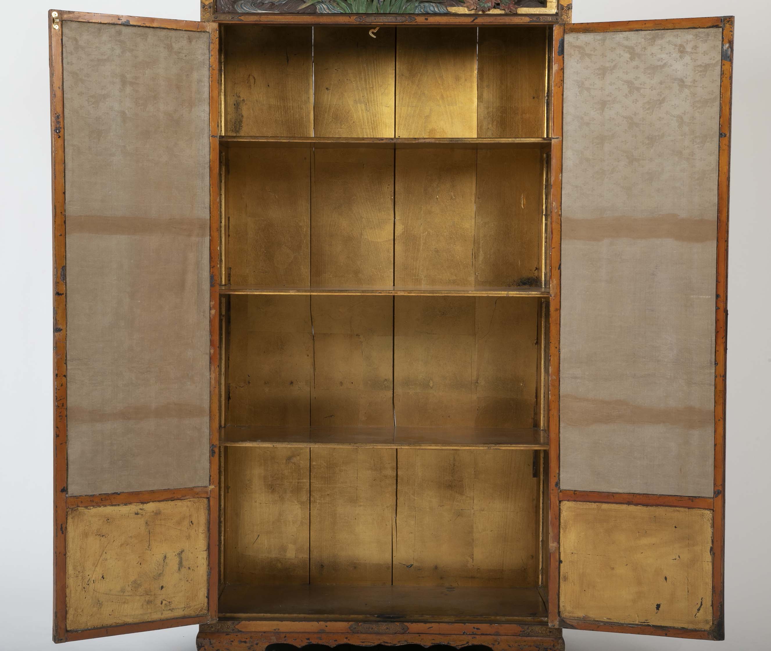 Gold Leaf Japanese Cabinet with Carved & Painted Panels of Flowers