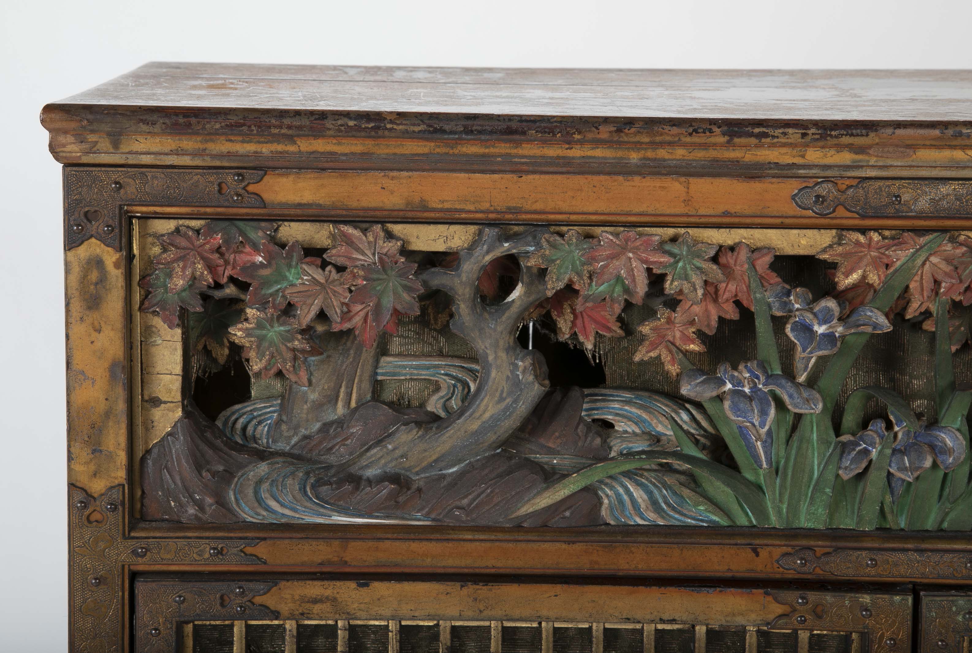 Gold Leaf Japanese Cabinet with Carved & Painted Panels of Flowers