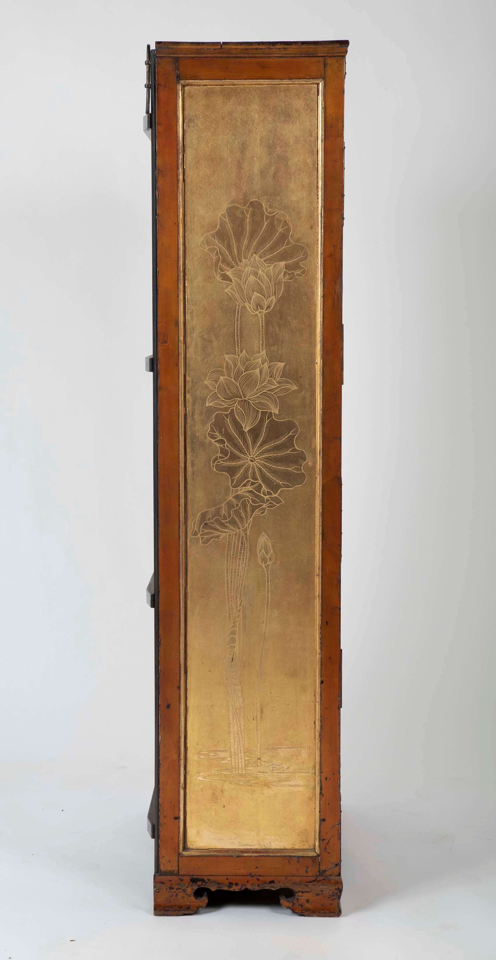Gold Leaf Japanese Cabinet with Carved & Painted Panels of Flowers