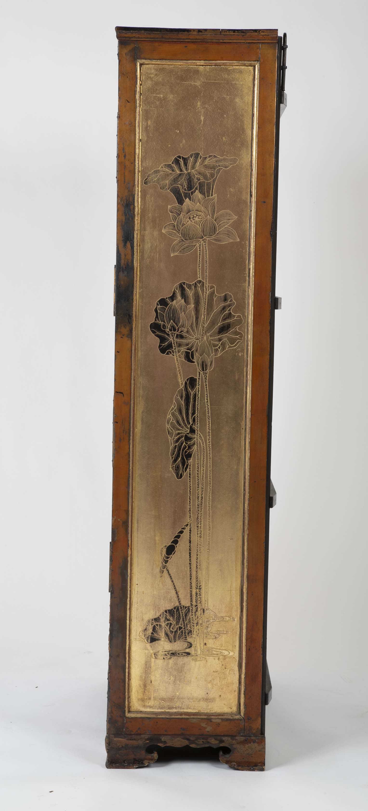 Gold Leaf Japanese Cabinet with Carved & Painted Panels of Flowers
