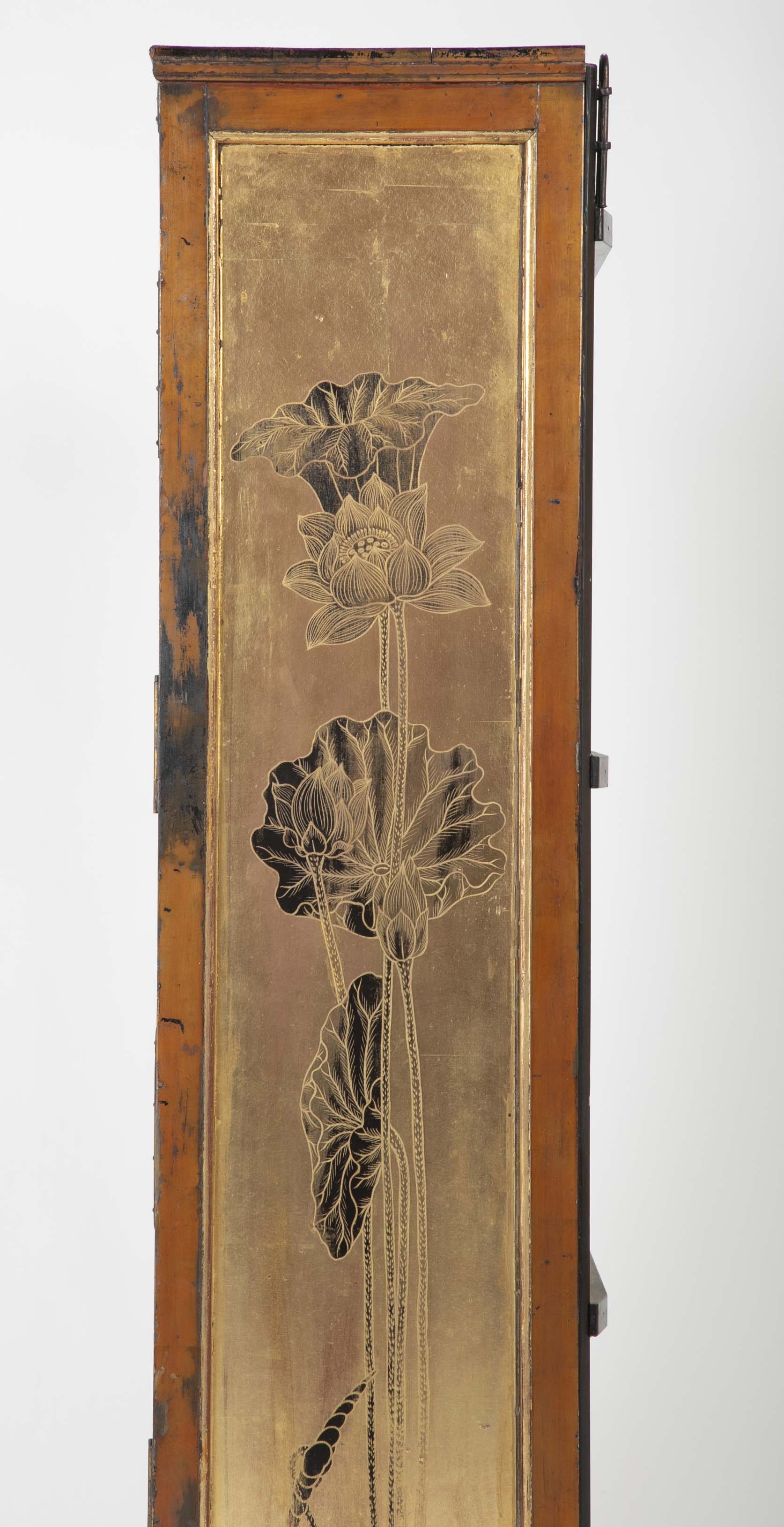 Gold Leaf Japanese Cabinet with Carved & Painted Panels of Flowers
