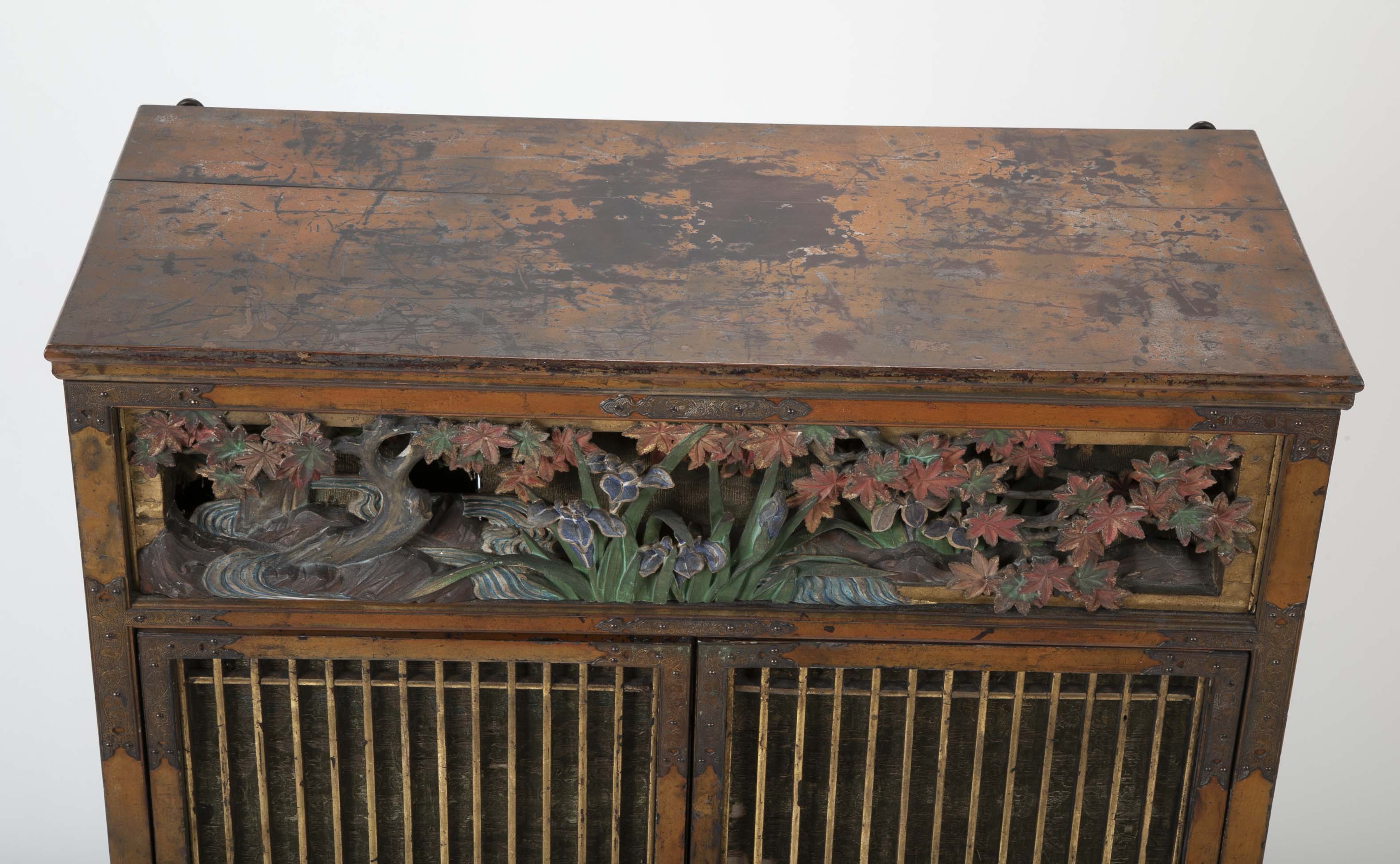 Gold Leaf Japanese Cabinet with Carved & Painted Panels of Flowers