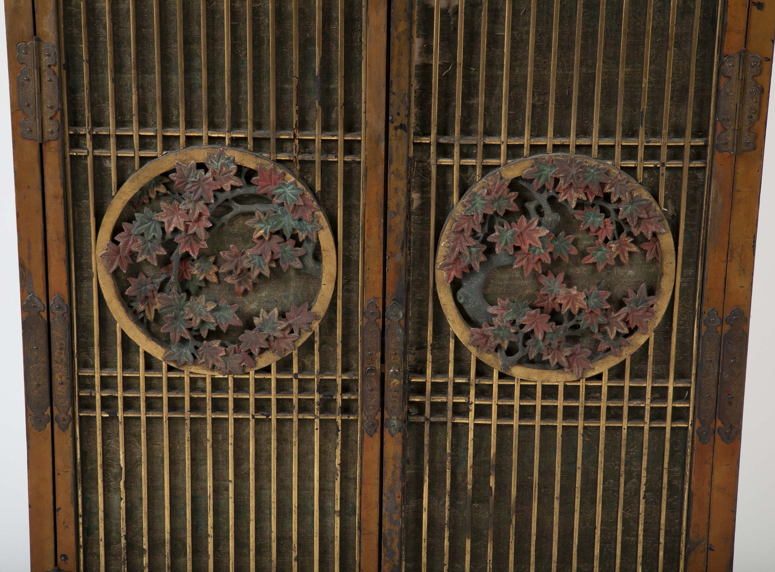 Gold Leaf Japanese Cabinet with Carved & Painted Panels of Flowers
