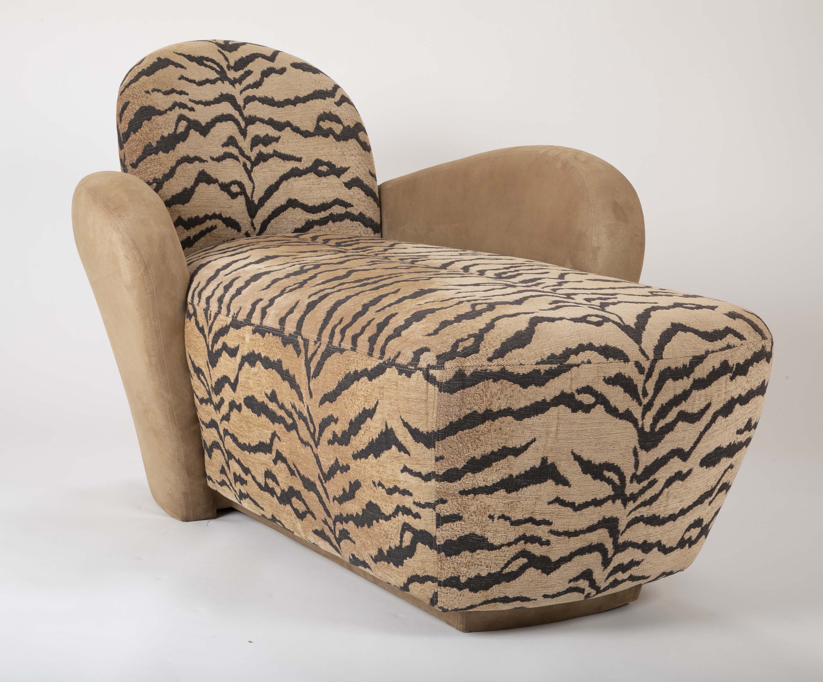 A Mid Century Sofa/Chaise in Suede Leather and Tiger Fabric