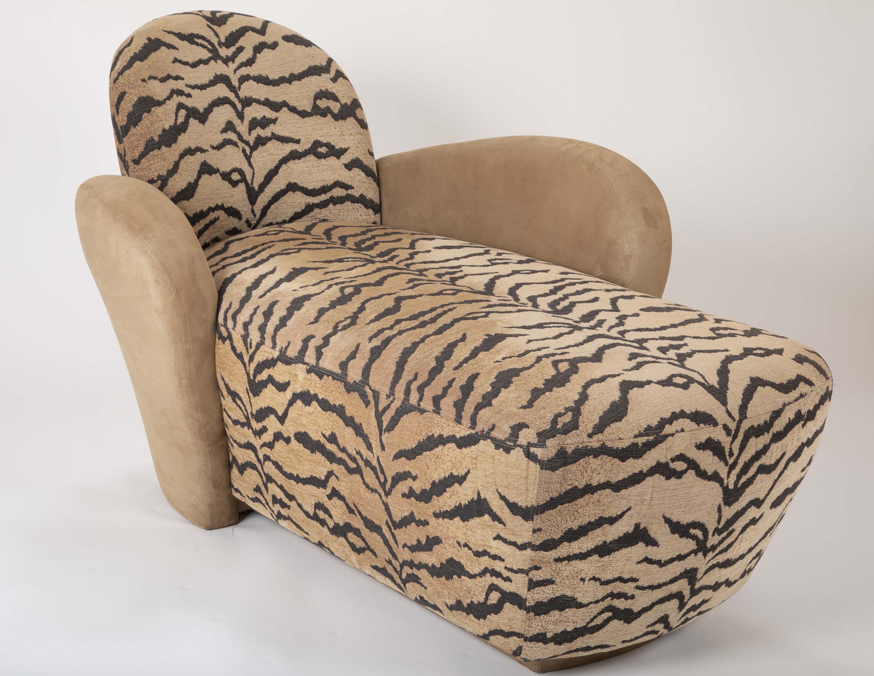 A Mid Century Sofa/Chaise in Suede Leather and Tiger Fabric