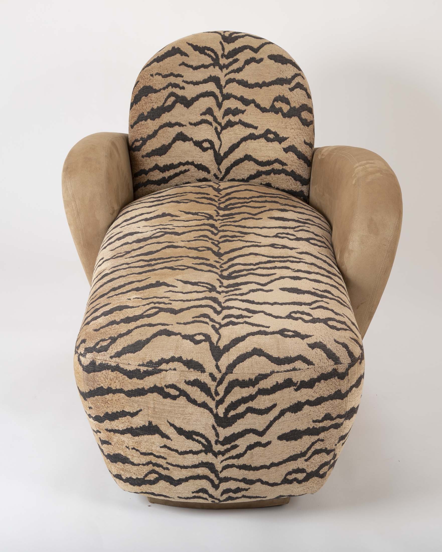 A Mid Century Sofa/Chaise in Suede Leather and Tiger Fabric