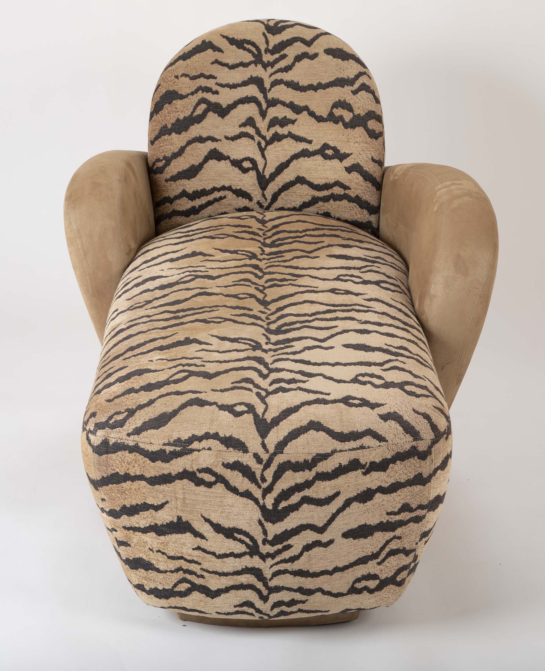 A Mid Century Sofa/Chaise in Suede Leather and Tiger Fabric