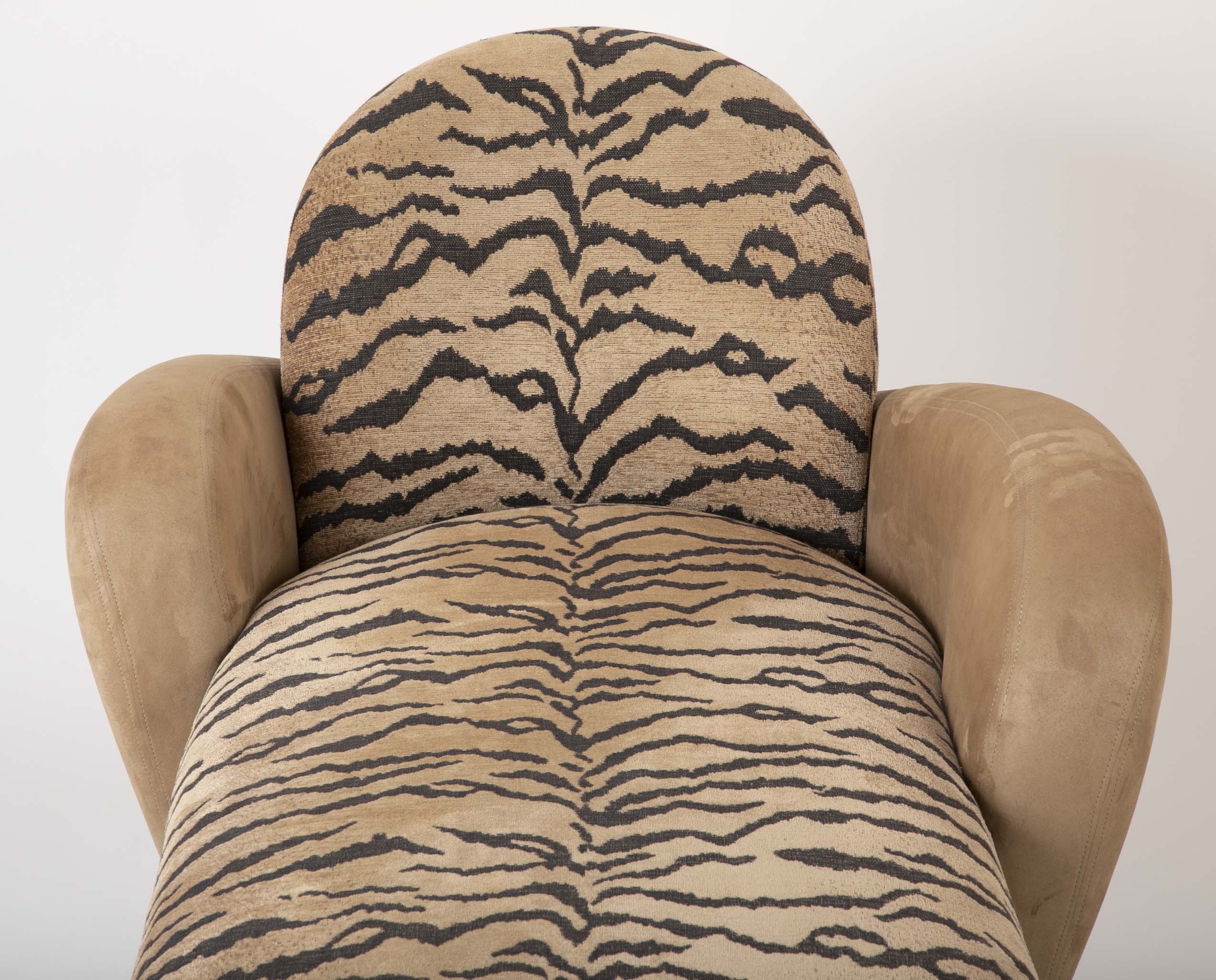 A Mid Century Sofa/Chaise in Suede Leather and Tiger Fabric