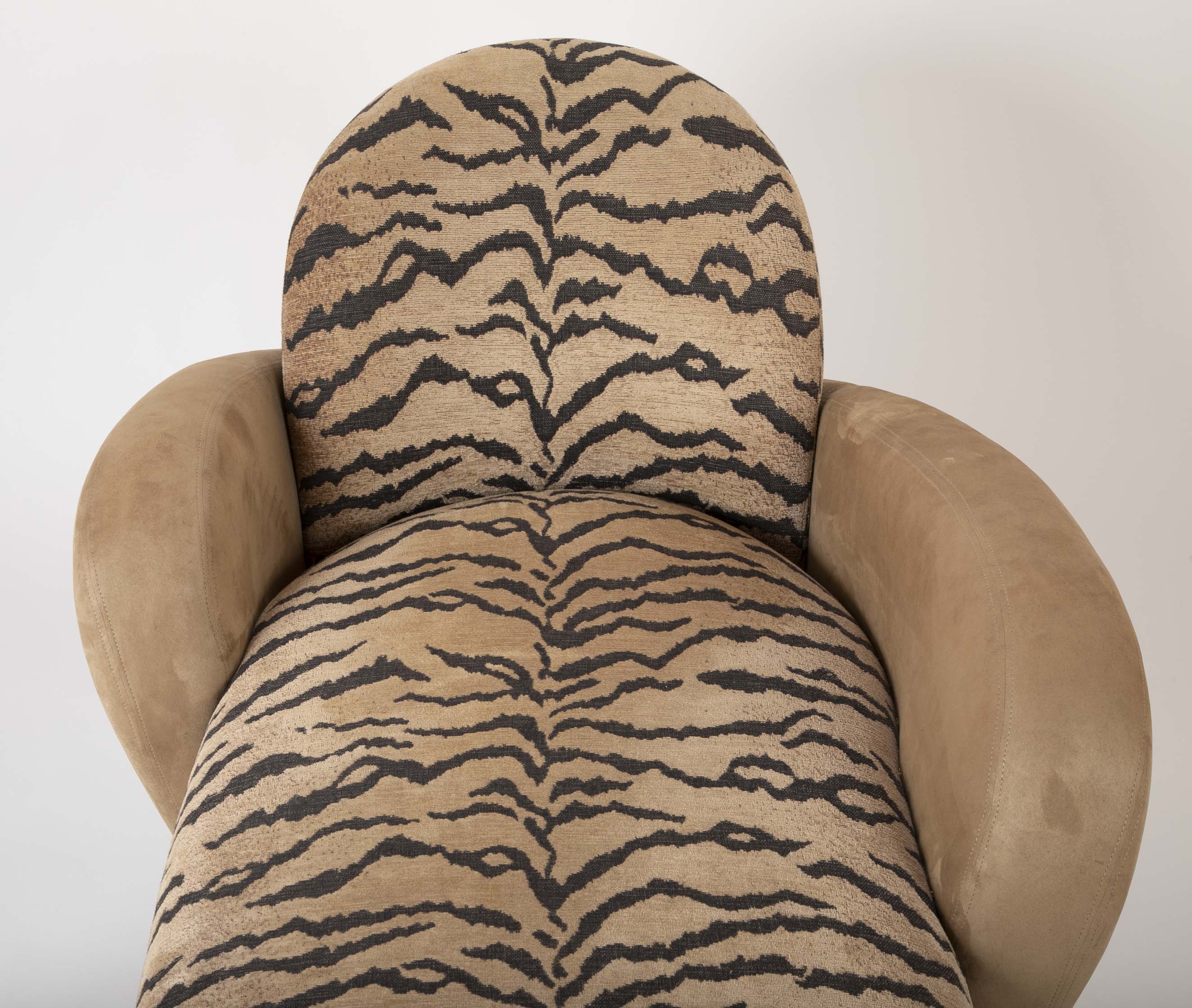 A Mid Century Sofa/Chaise in Suede Leather and Tiger Fabric
