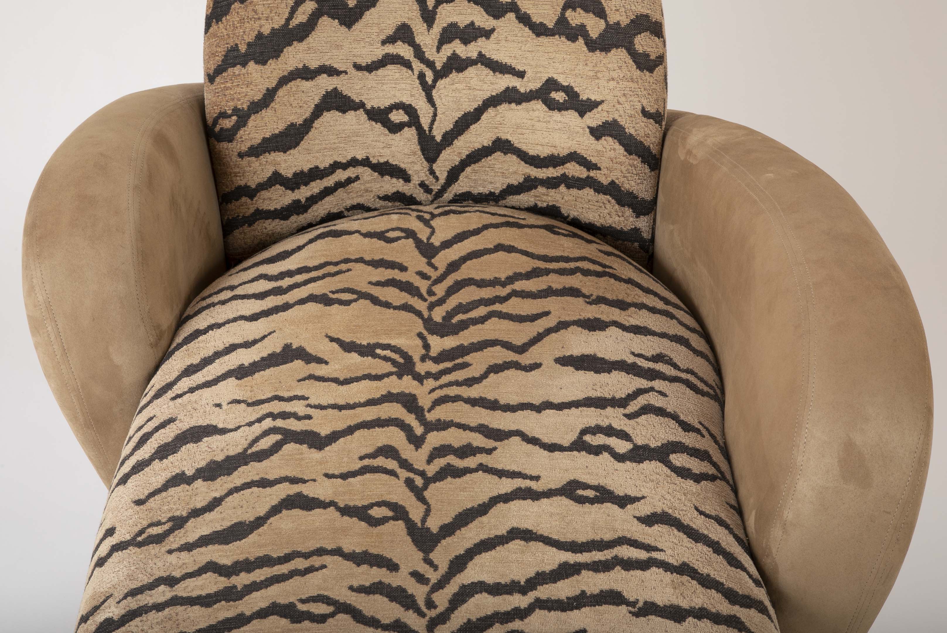 A Mid Century Sofa/Chaise in Suede Leather and Tiger Fabric