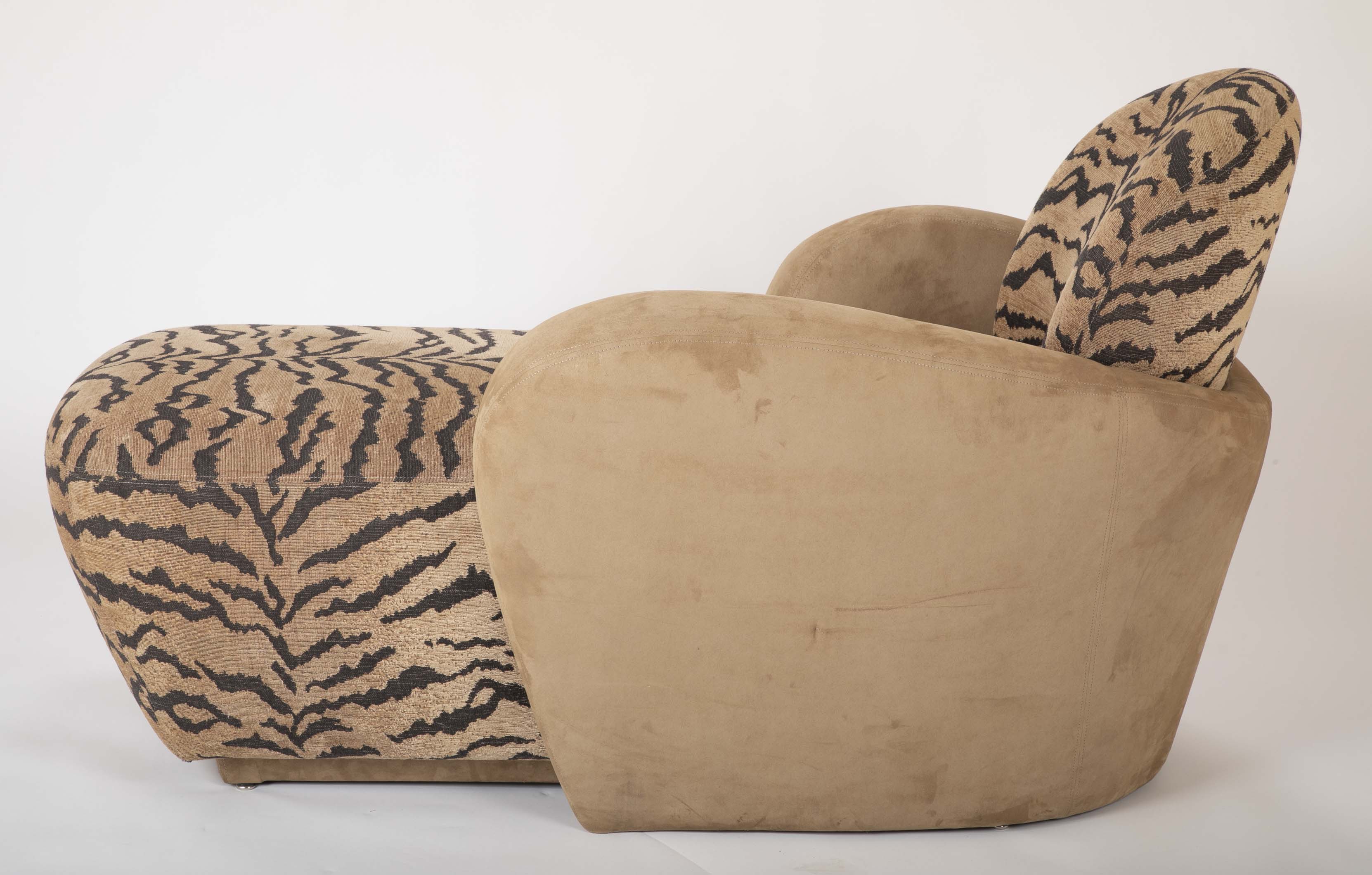 A Mid Century Sofa/Chaise in Suede Leather and Tiger Fabric