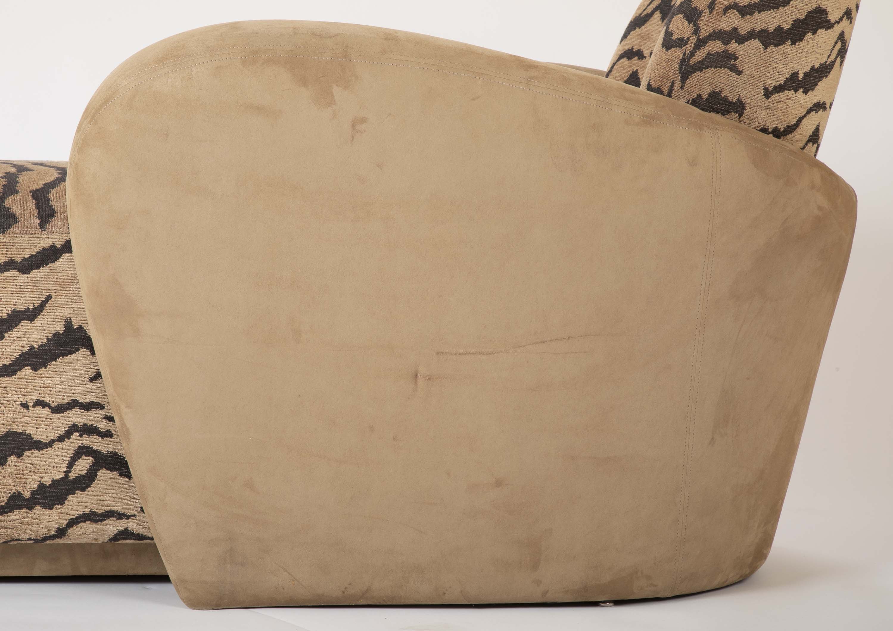 A Mid Century Sofa/Chaise in Suede Leather and Tiger Fabric
