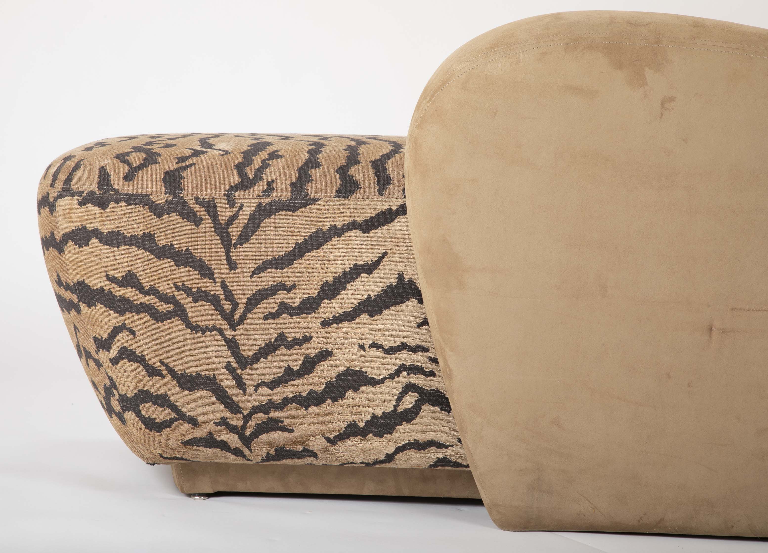 A Mid Century Sofa/Chaise in Suede Leather and Tiger Fabric