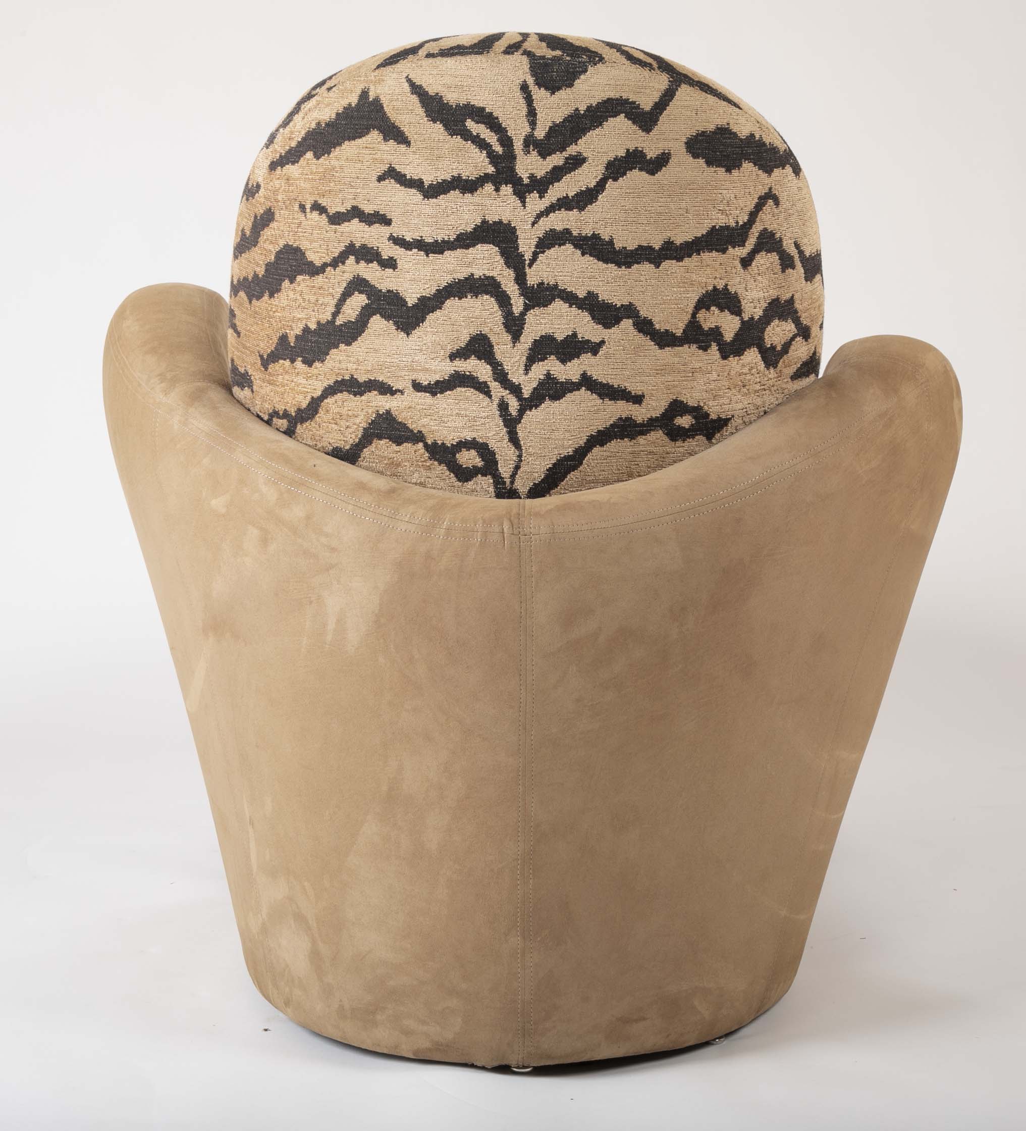 A Mid Century Sofa/Chaise in Suede Leather and Tiger Fabric