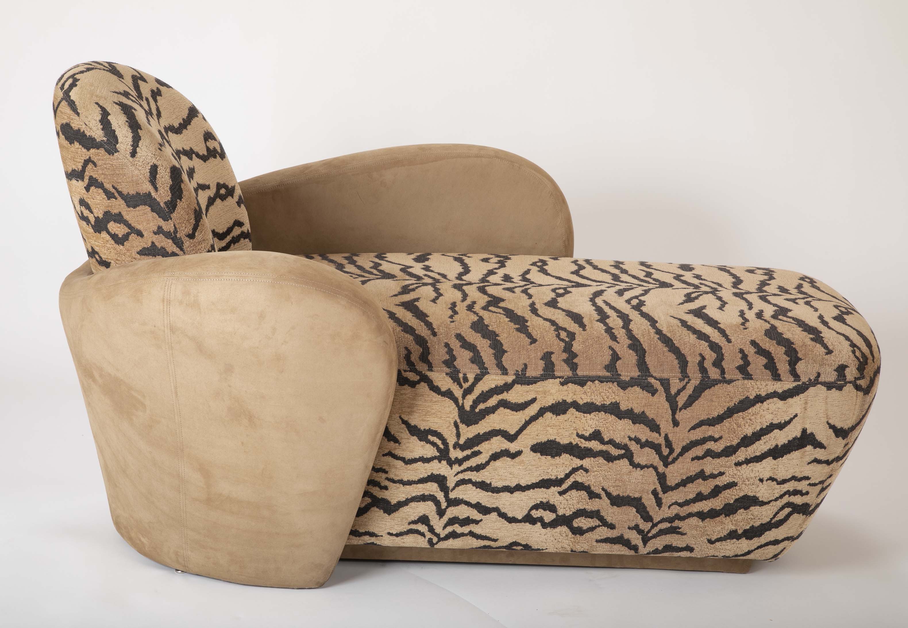 A Mid Century Sofa/Chaise in Suede Leather and Tiger Fabric