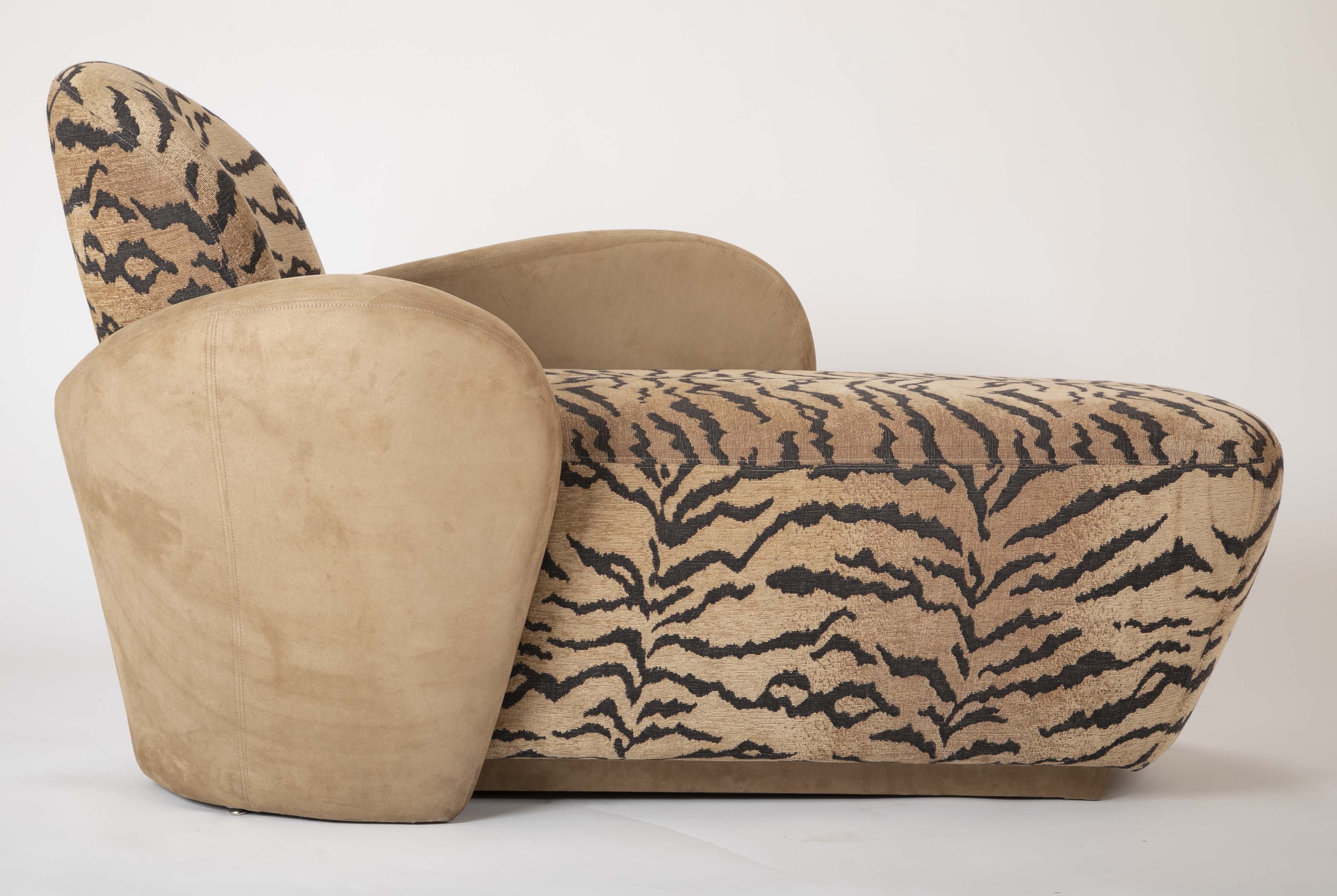 A Mid Century Sofa/Chaise in Suede Leather and Tiger Fabric