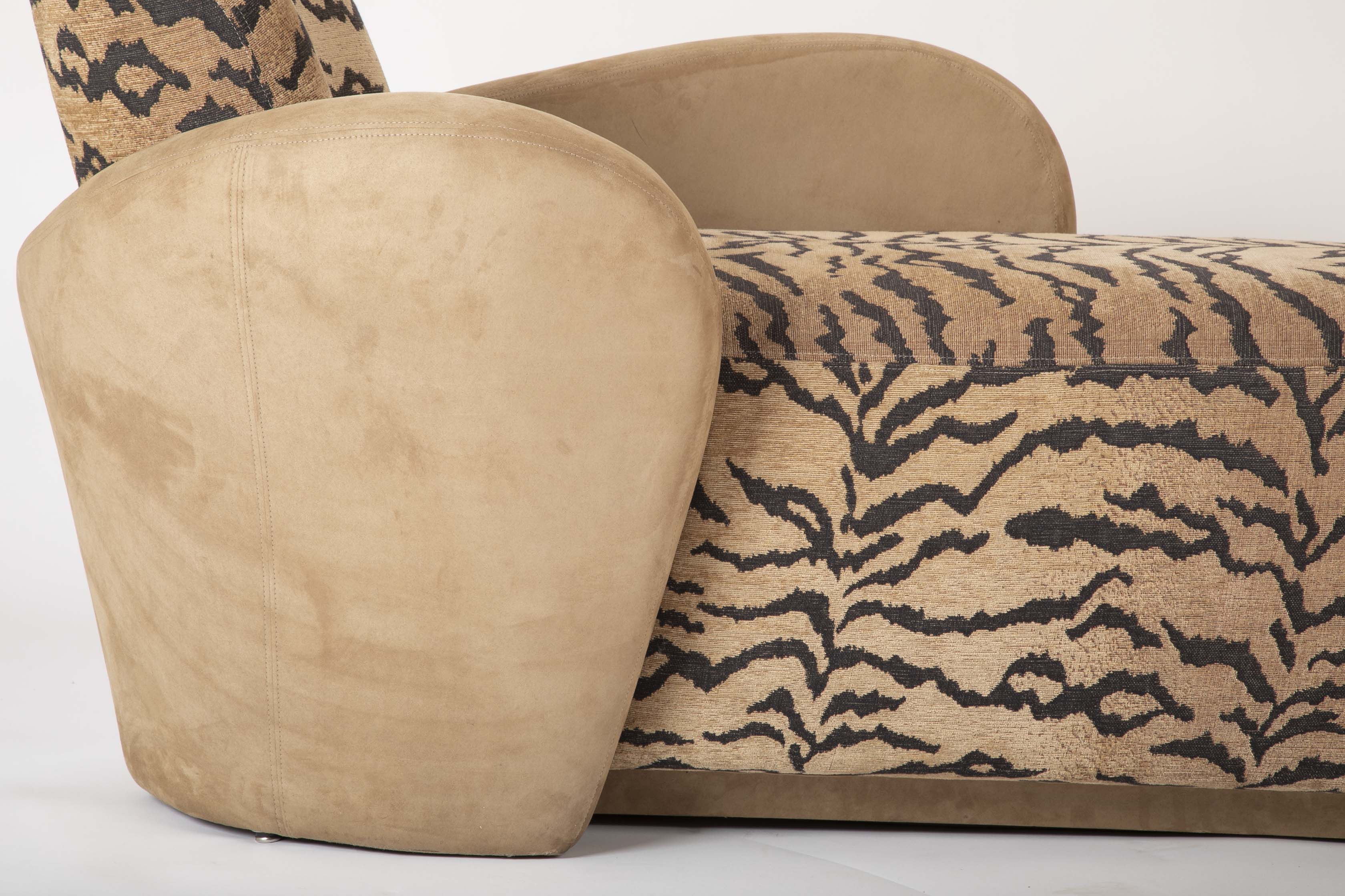 A Mid Century Sofa/Chaise in Suede Leather and Tiger Fabric