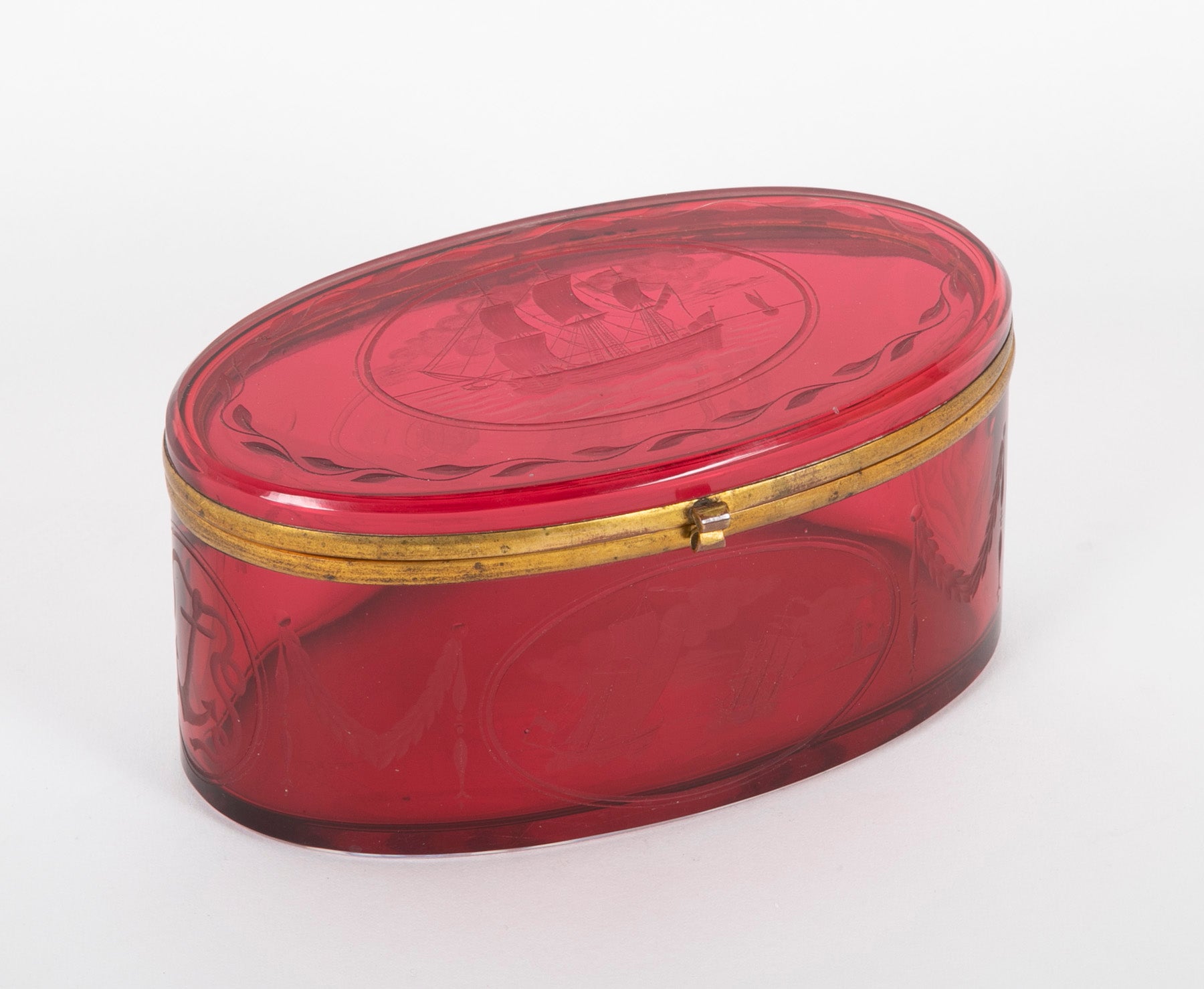 19th Century Ruby Red Glass Box Etched & Cut to a Nautical Theme
