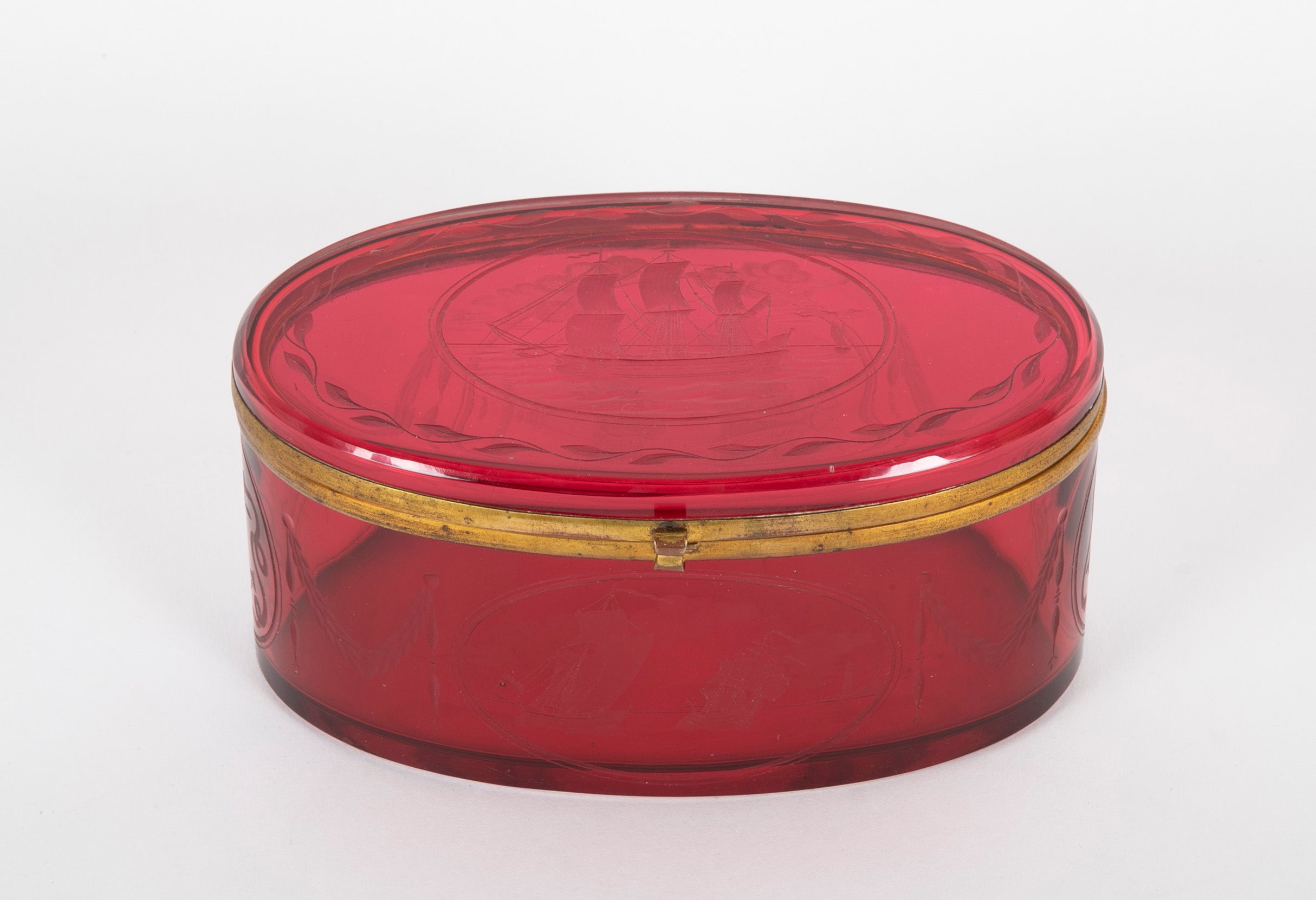 19th Century Ruby Red Glass Box Etched & Cut to a Nautical Theme
