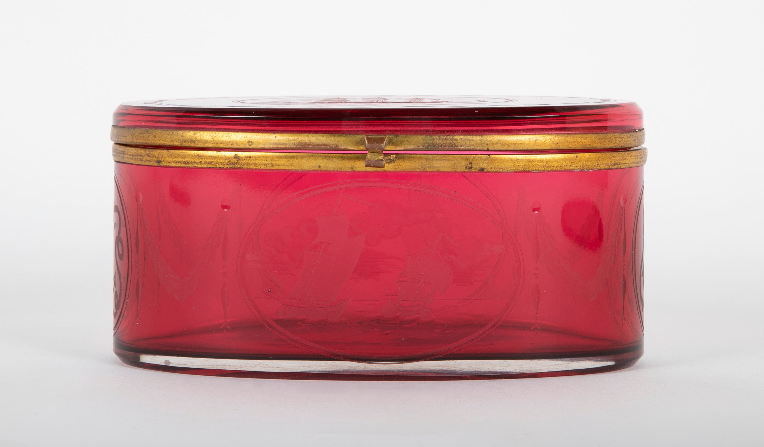 19th Century Ruby Red Glass Box Etched & Cut to a Nautical Theme