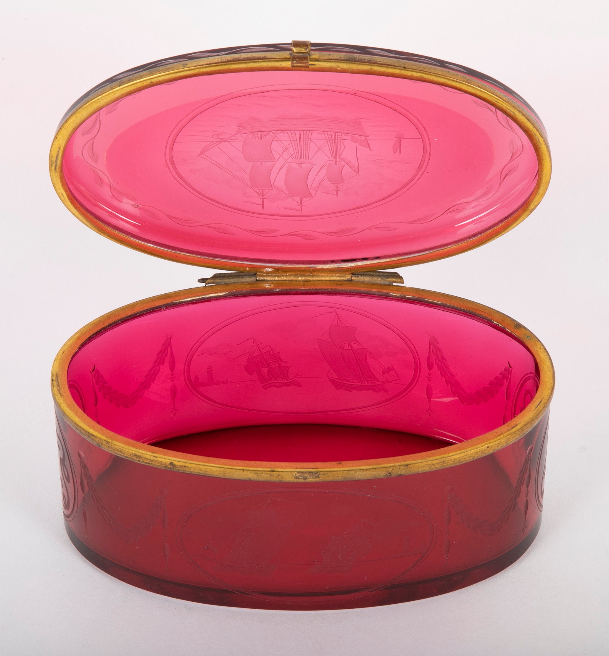 19th Century Ruby Red Glass Box Etched & Cut to a Nautical Theme