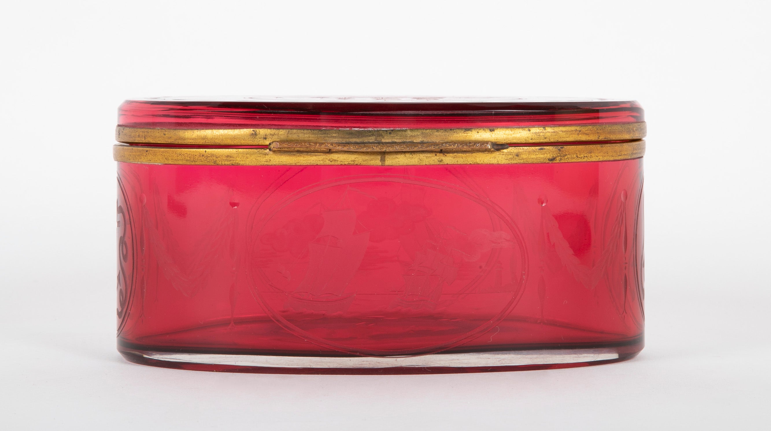 19th Century Ruby Red Glass Box Etched & Cut to a Nautical Theme