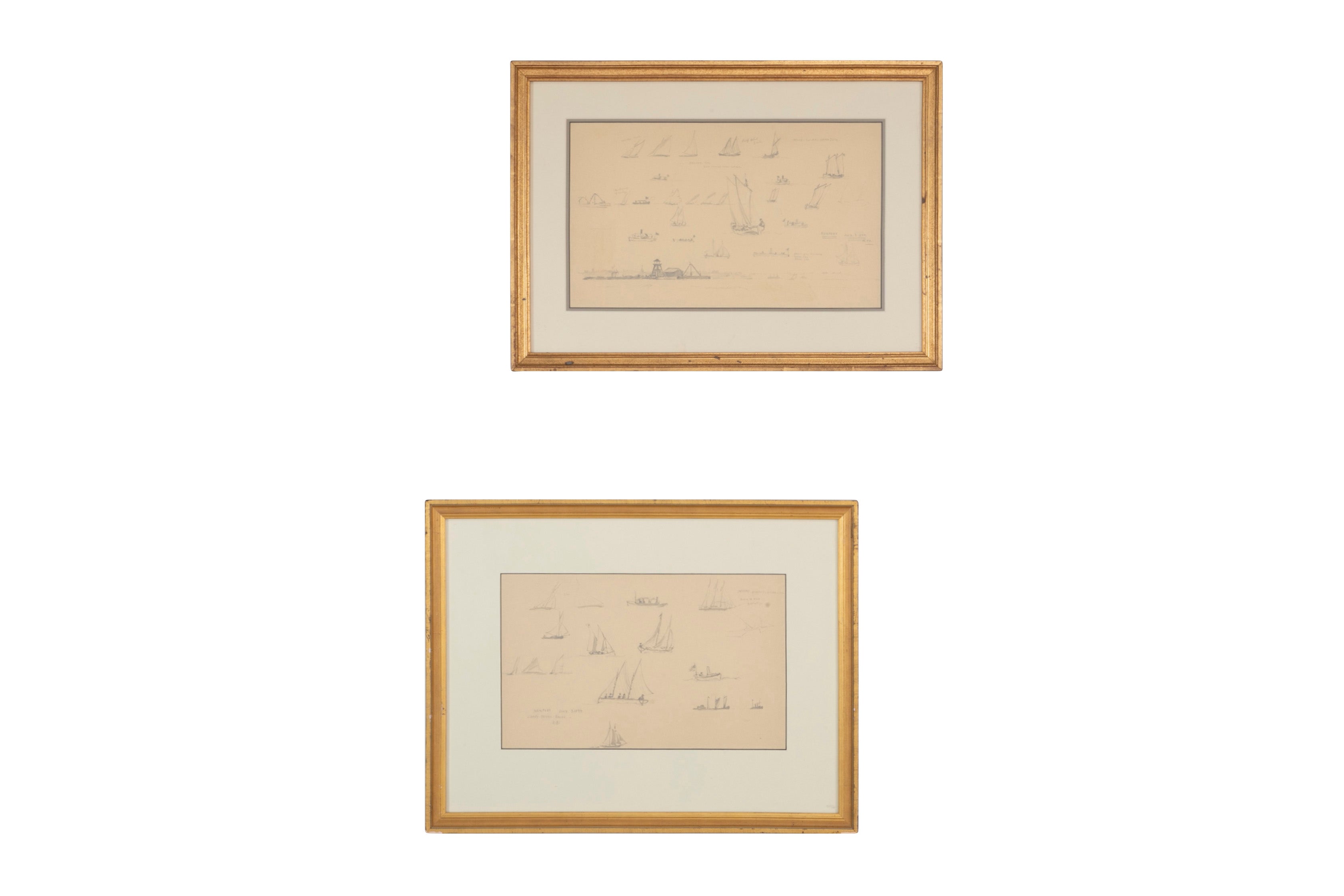 Pair of Pencil Drawings of Newport Boats Racing by American Impressionist Reynolds Beal