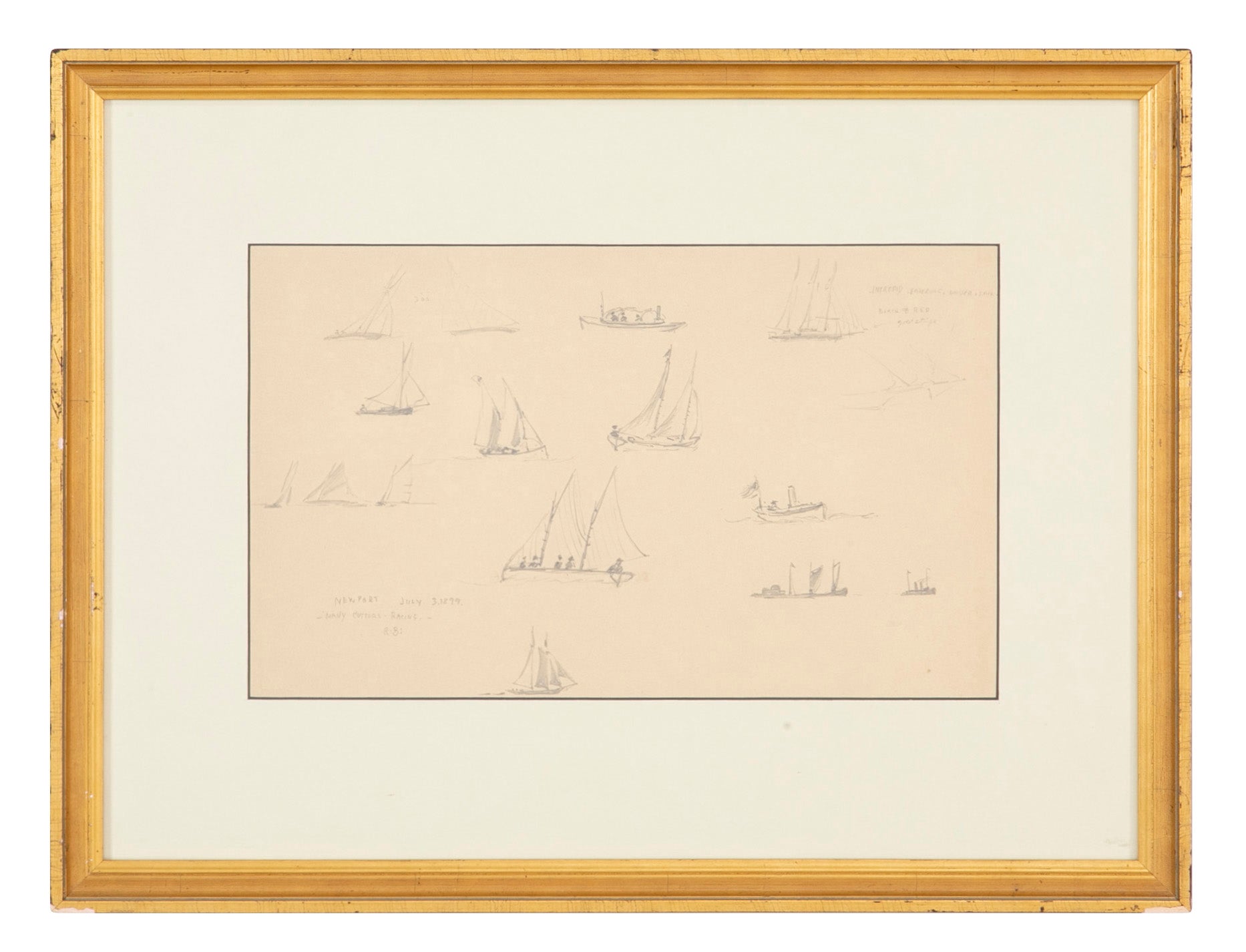 Pair of Pencil Drawings of Newport Boats Racing by American Impressionist Reynolds Beal
