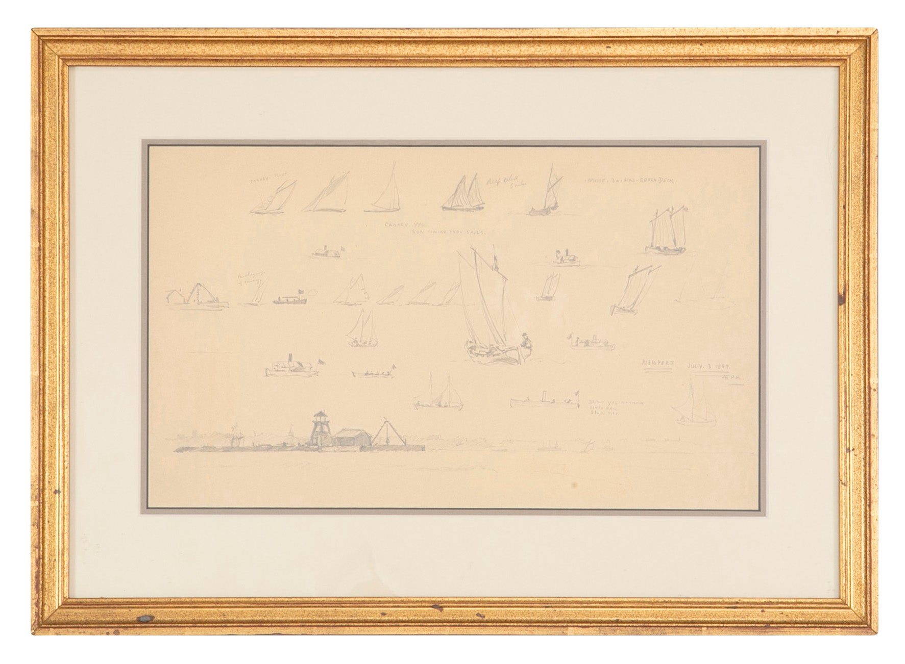 Pair of Pencil Drawings of Newport Boats Racing by American Impressionist Reynolds Beal