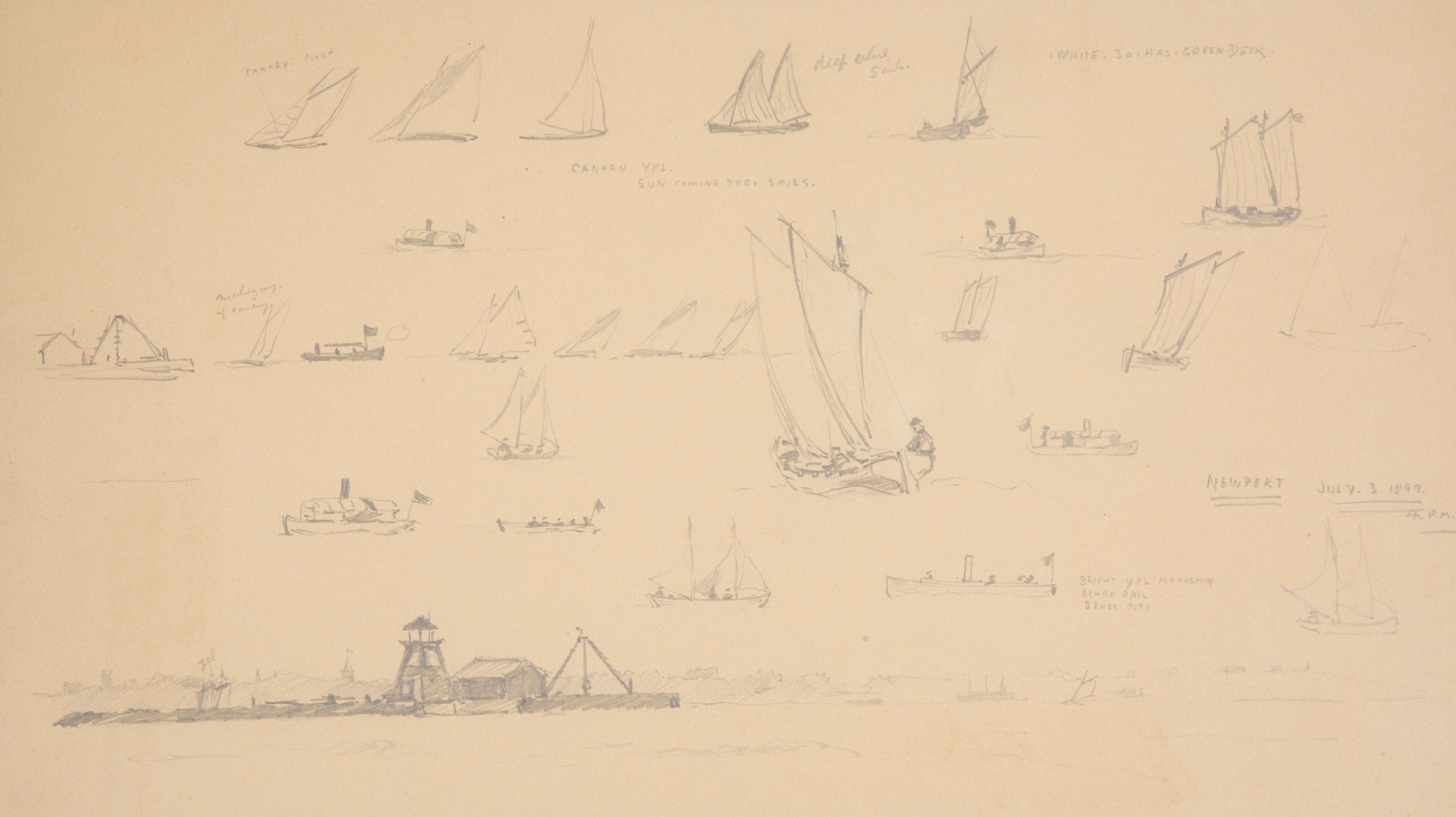 Pair of Pencil Drawings of Newport Boats Racing by American Impressionist Reynolds Beal