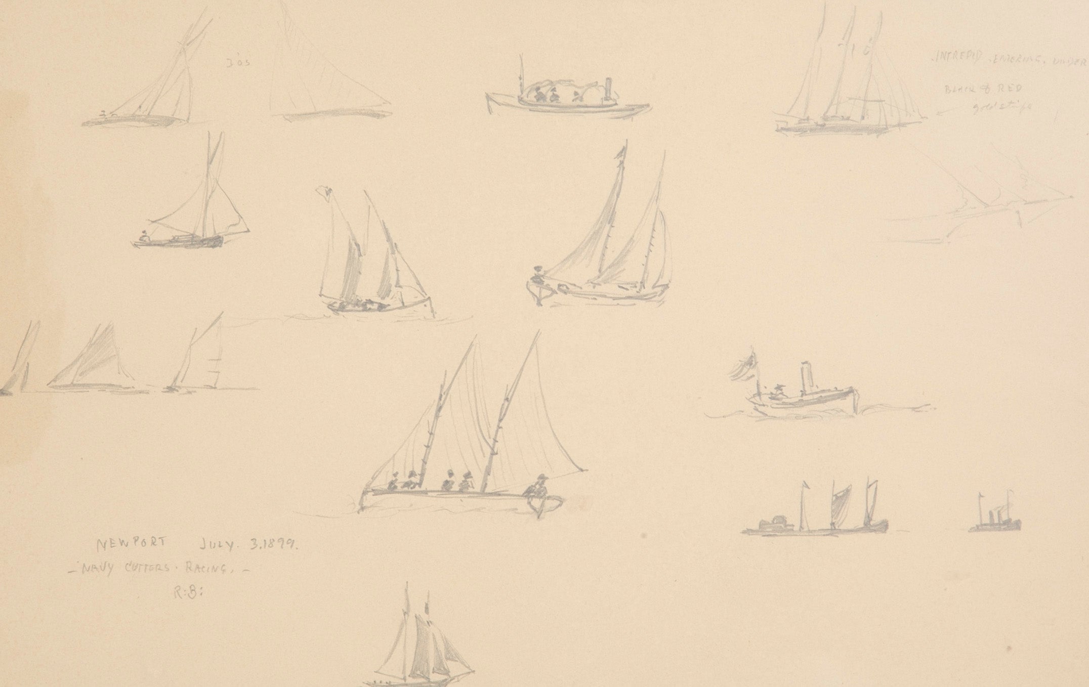 Pair of Pencil Drawings of Newport Boats Racing by American Impressionist Reynolds Beal