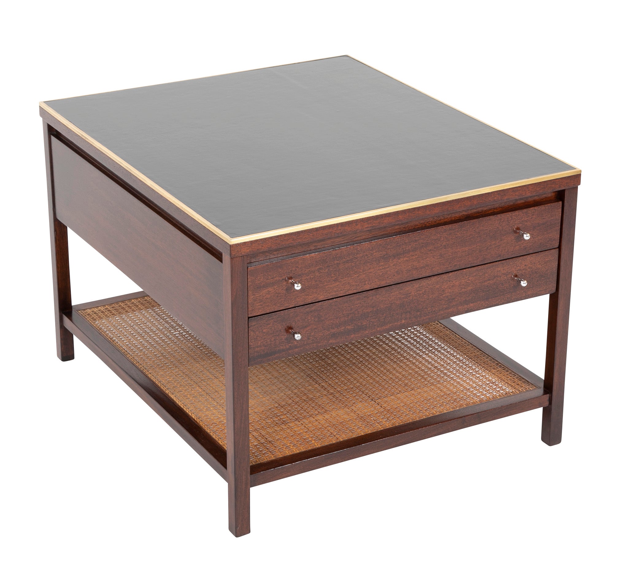 Pair of Occasional Black Leather Top Walnut Tables by Paul McCobb for Calvin Irwin