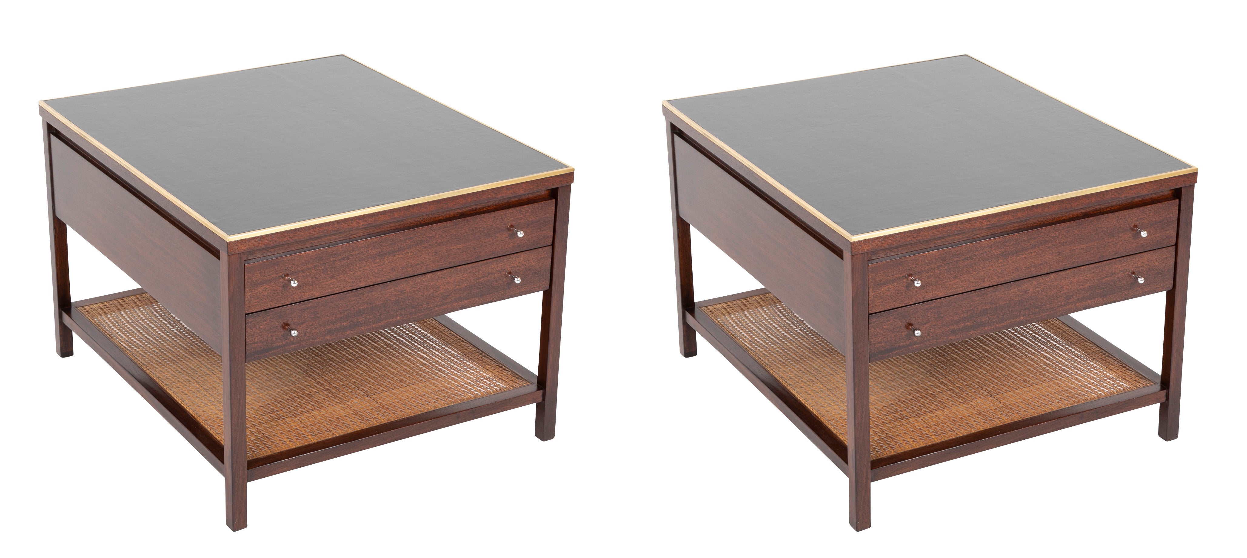 Pair of Occasional Black Leather Top Walnut Tables by Paul McCobb for Calvin Irwin
