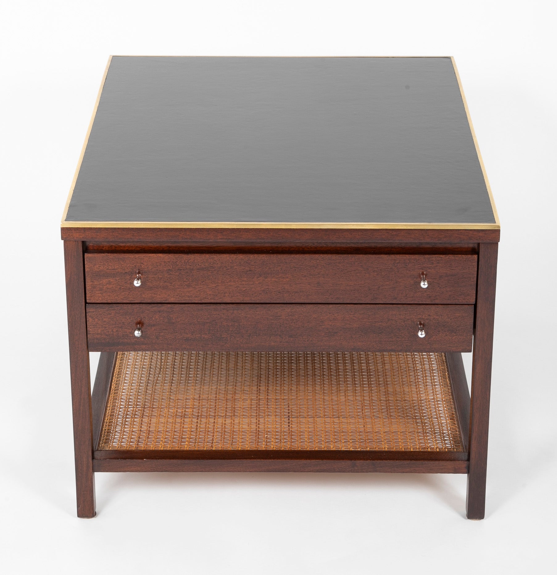 Pair of Occasional Black Leather Top Walnut Tables by Paul McCobb for Calvin Irwin