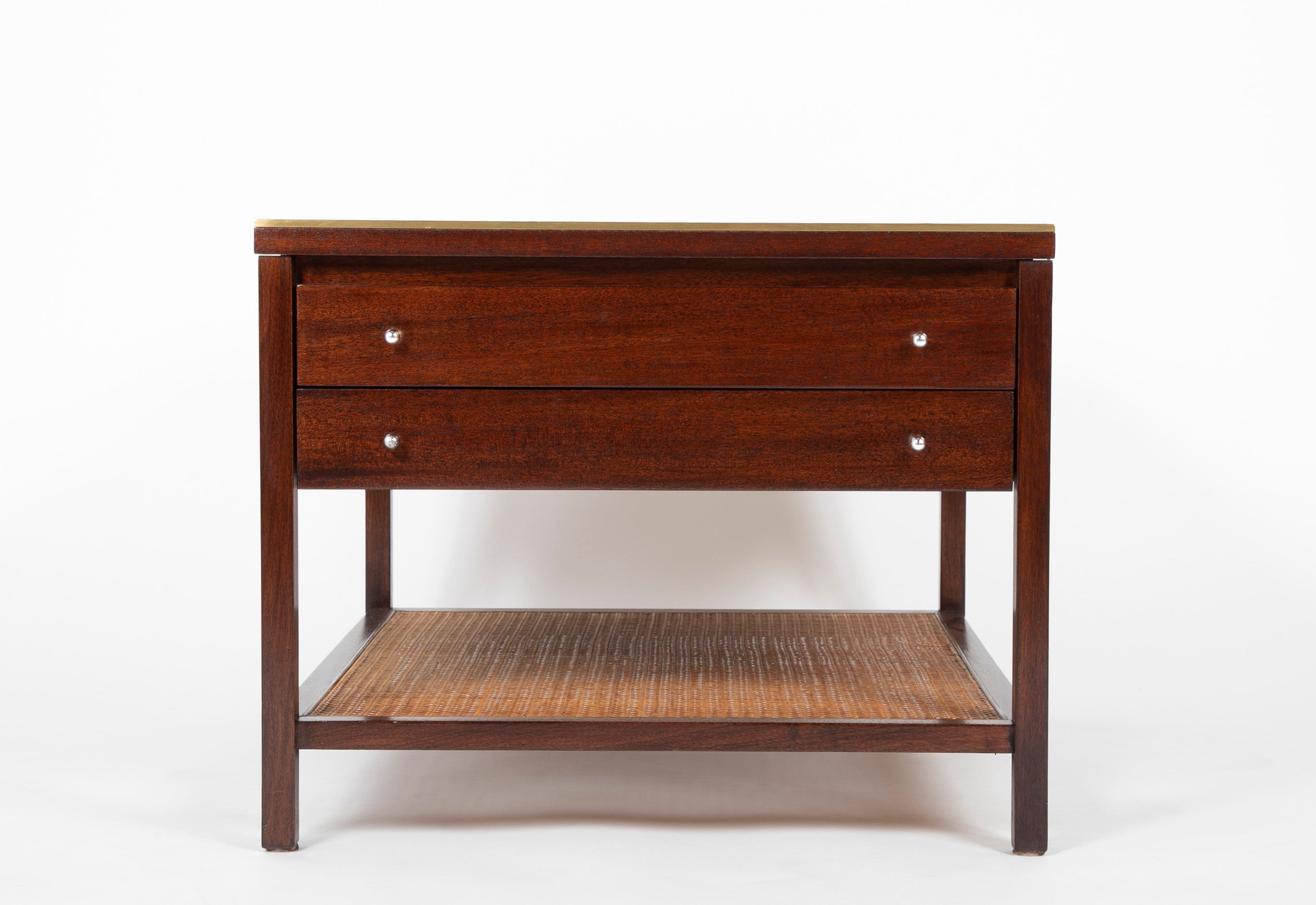 Pair of Occasional Black Leather Top Walnut Tables by Paul McCobb for Calvin Irwin