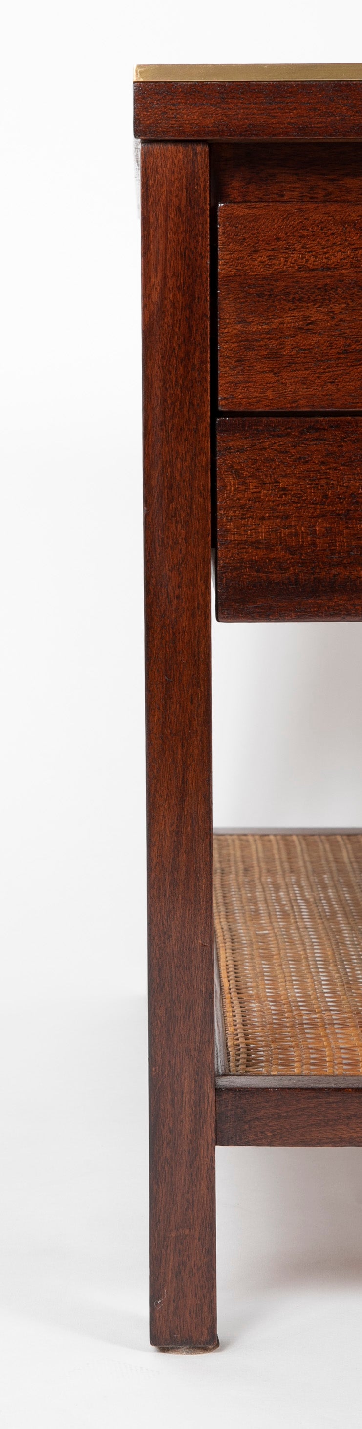 Pair of Occasional Black Leather Top Walnut Tables by Paul McCobb for Calvin Irwin