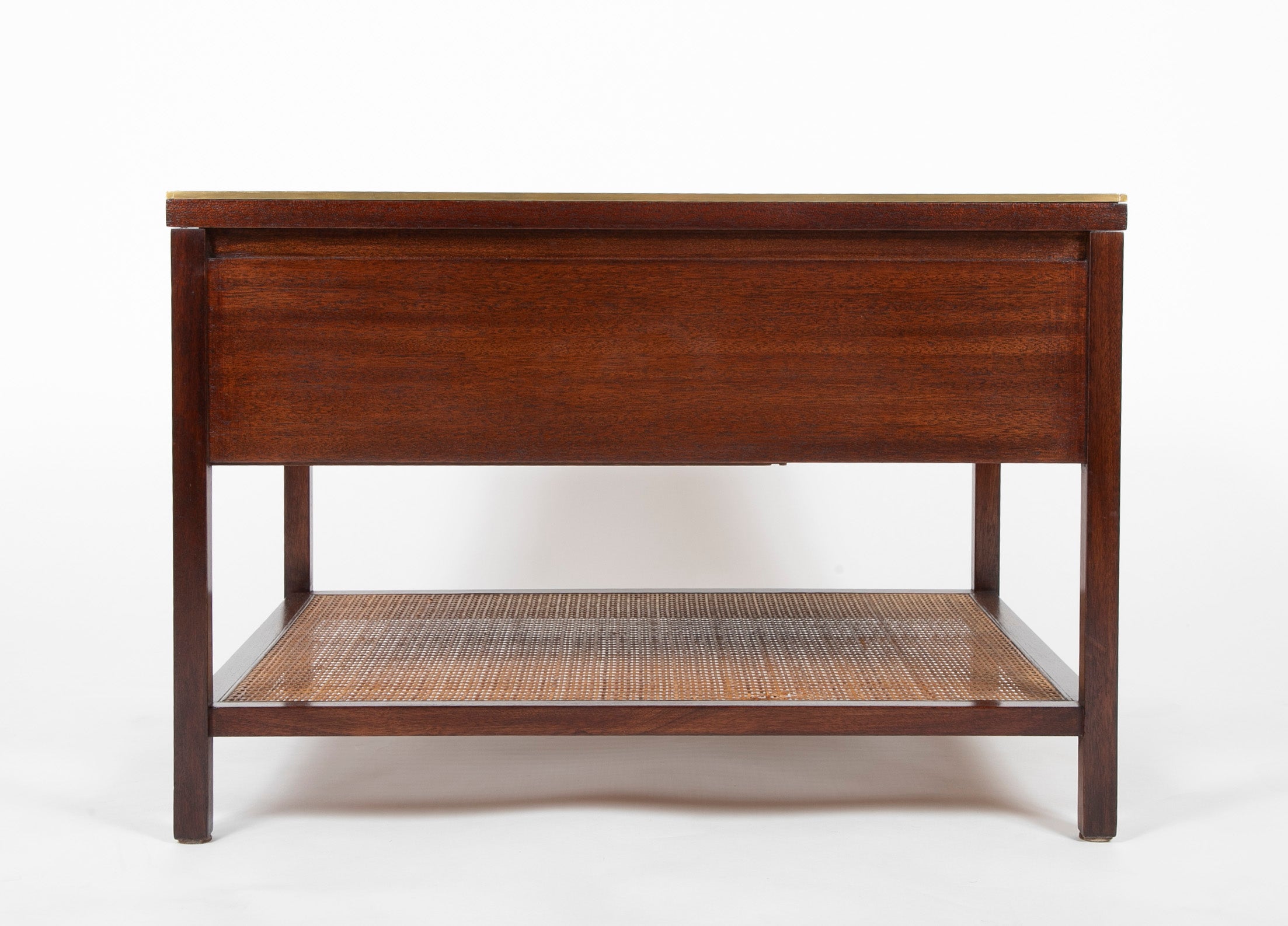 Pair of Occasional Black Leather Top Walnut Tables by Paul McCobb for Calvin Irwin