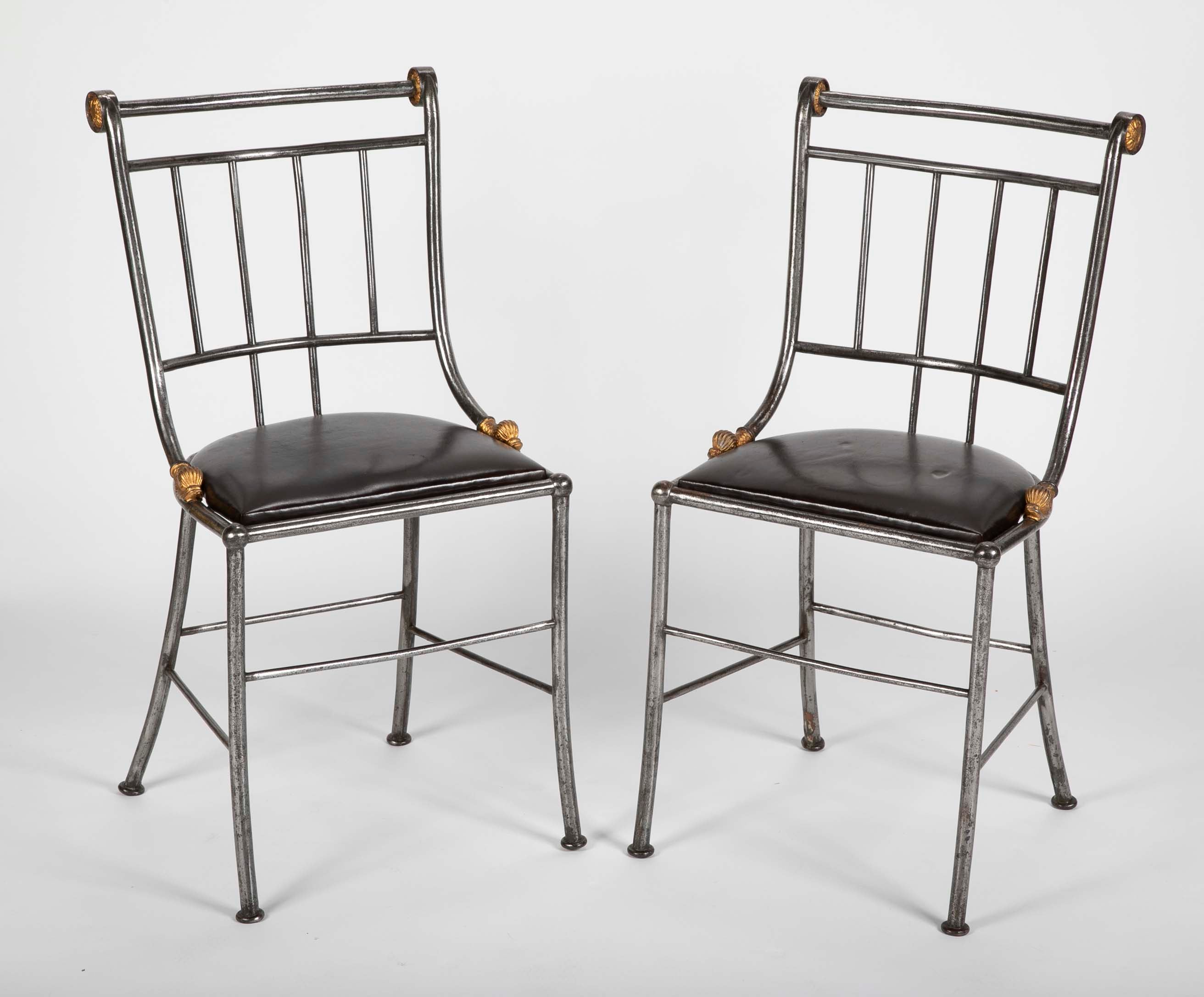 Set of Four Distinctive French Steel & Parcel Gilt Metal Side Chairs