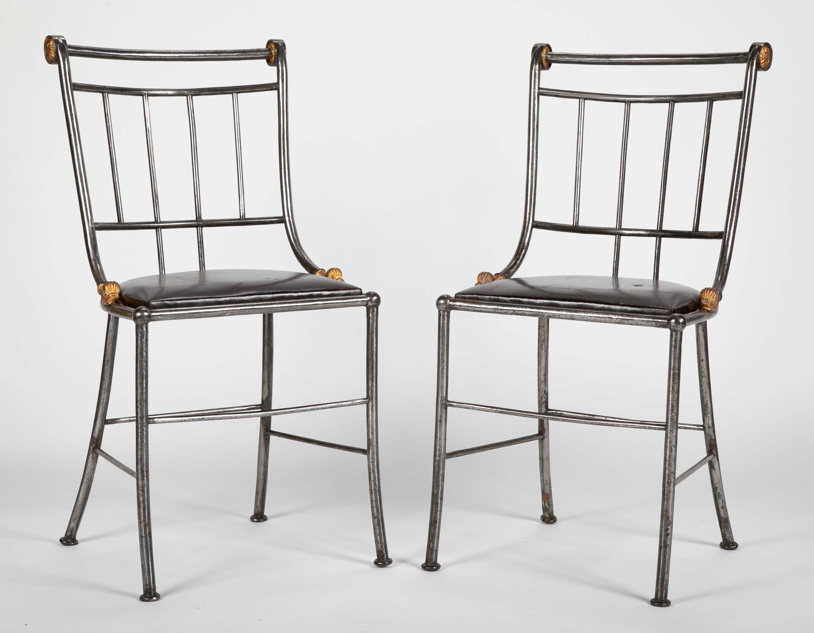Set of Four Distinctive French Steel & Parcel Gilt Metal Side Chairs