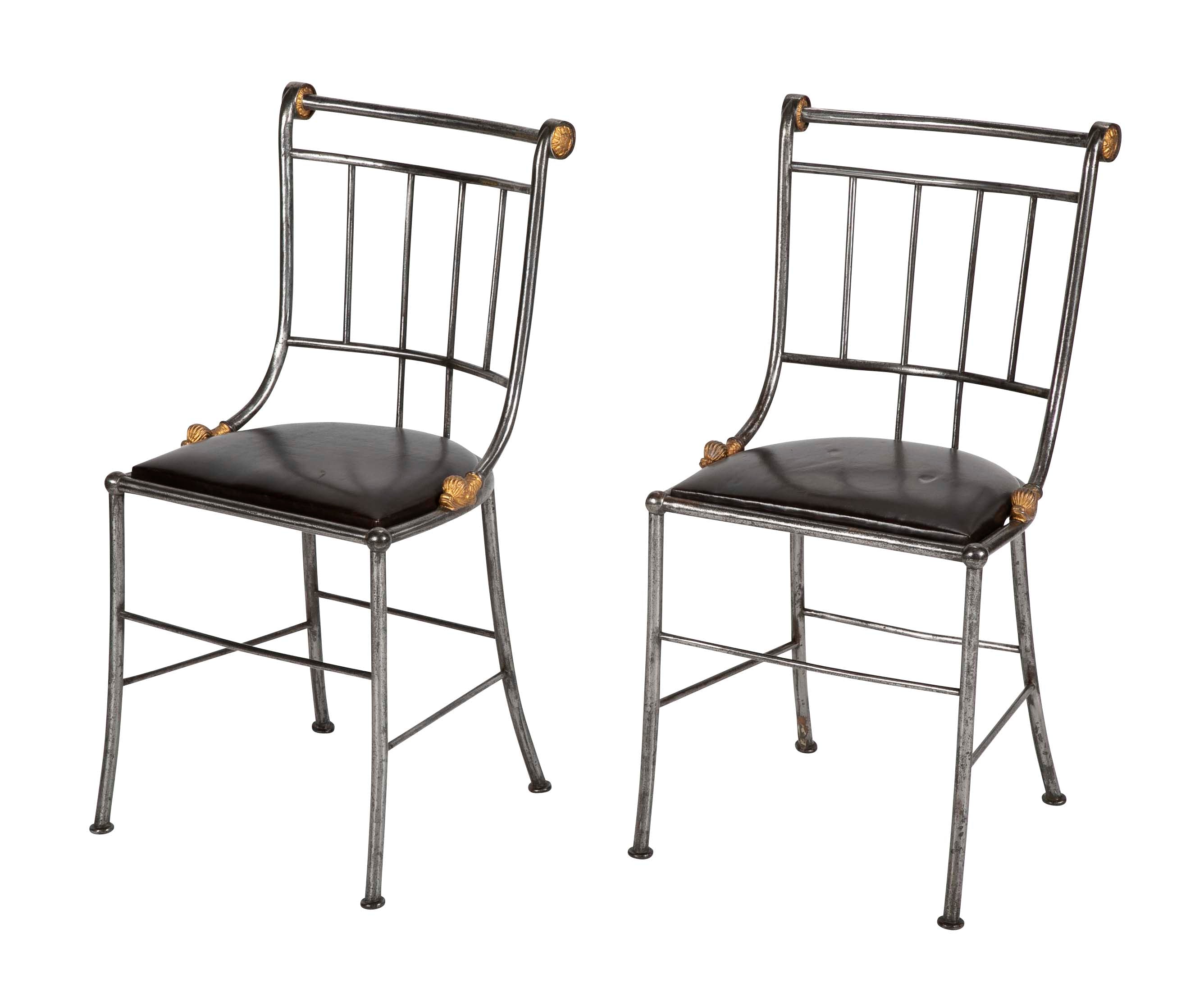 Set of Four Distinctive French Steel & Parcel Gilt Metal Side Chairs