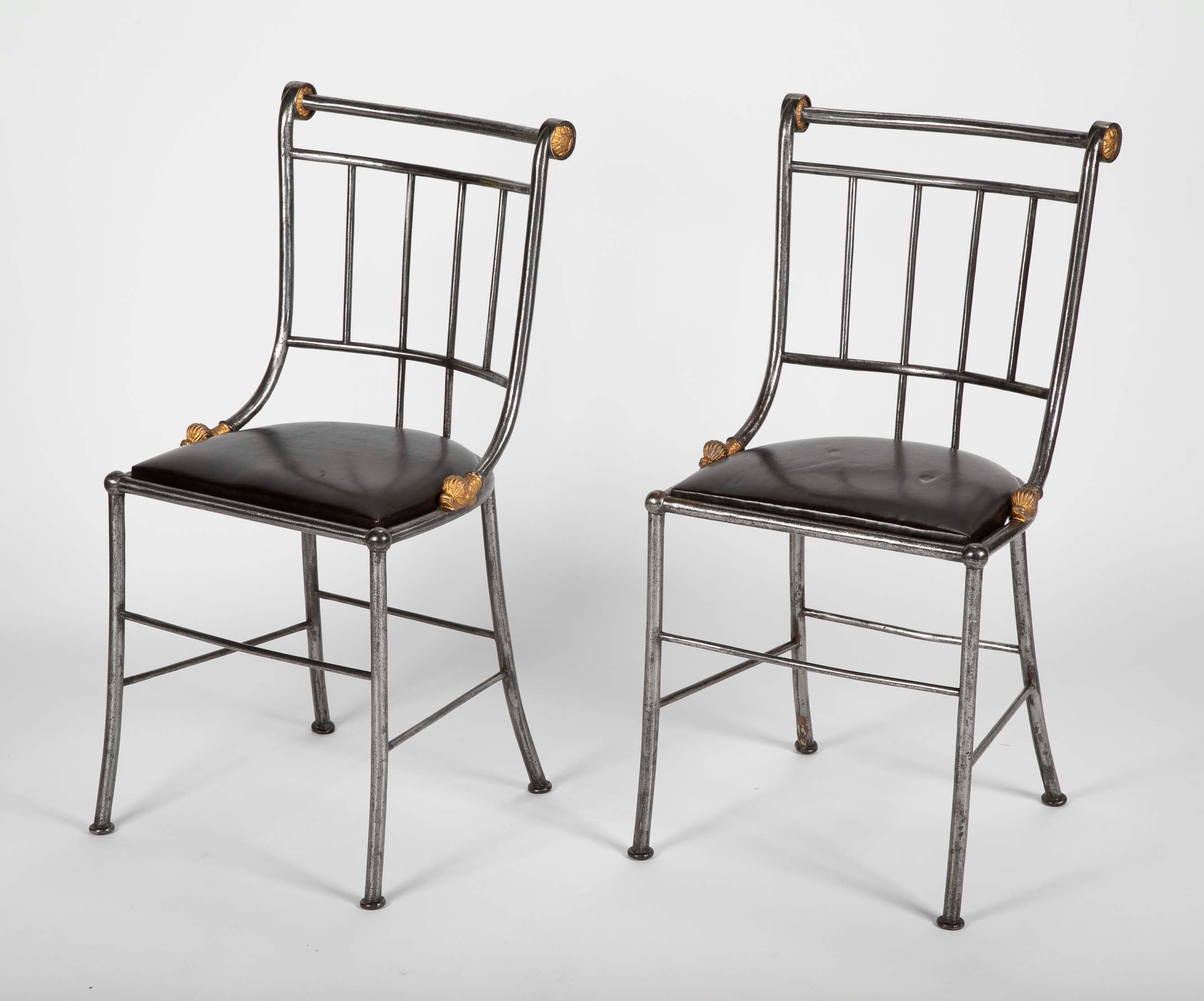 Set of Four Distinctive French Steel & Parcel Gilt Metal Side Chairs