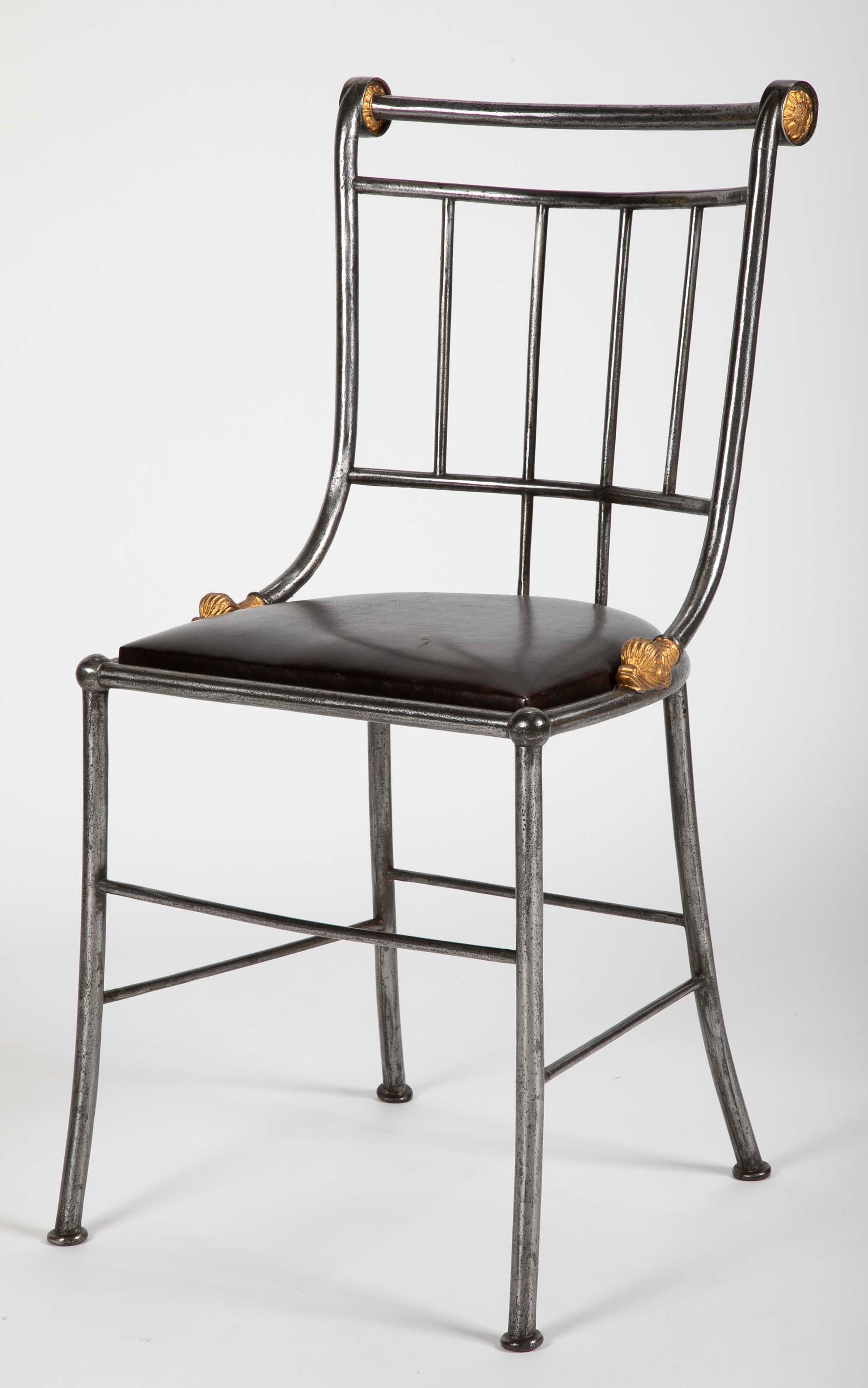 Set of Four Distinctive French Steel & Parcel Gilt Metal Side Chairs