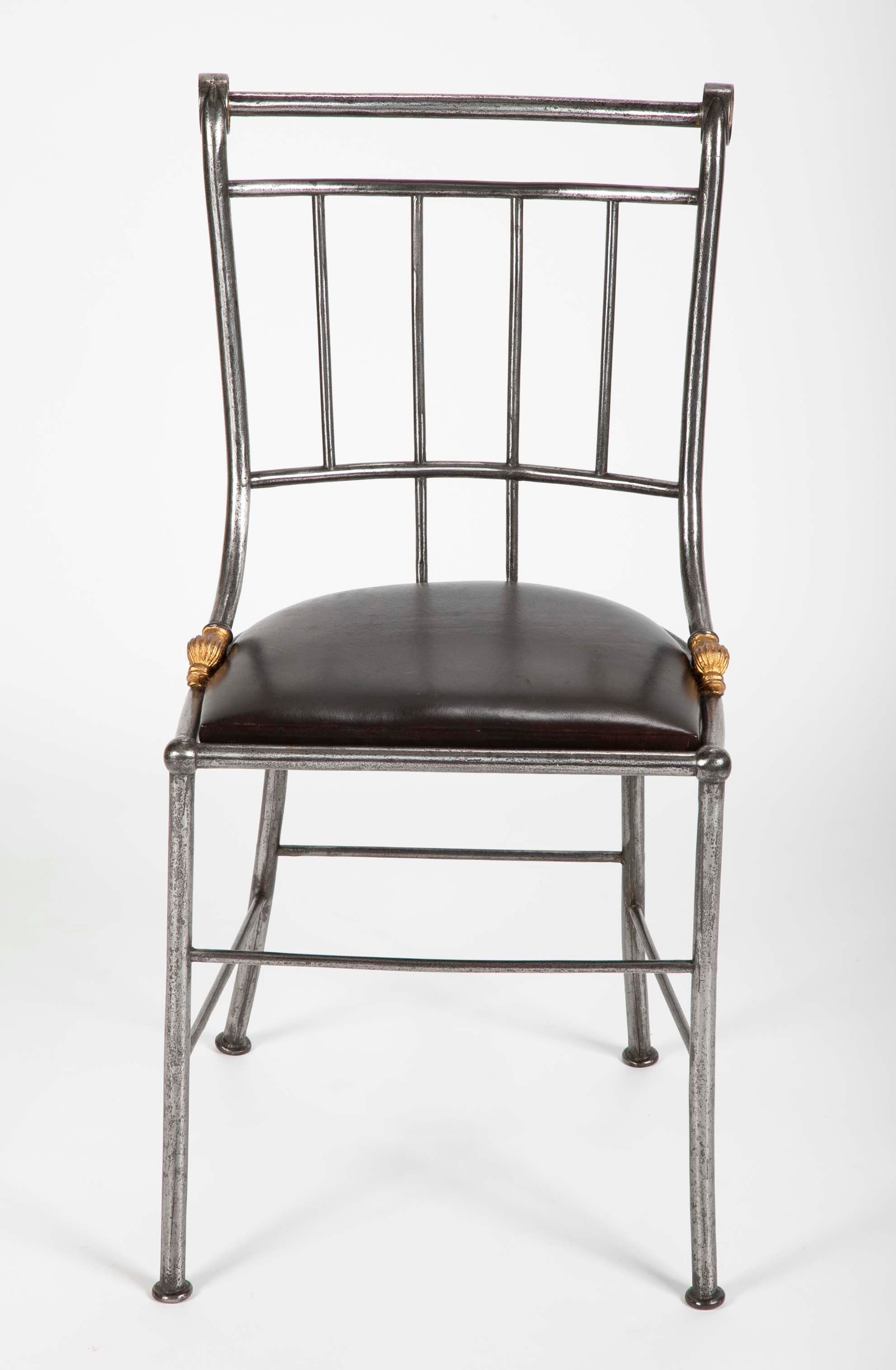 Set of Four Distinctive French Steel & Parcel Gilt Metal Side Chairs