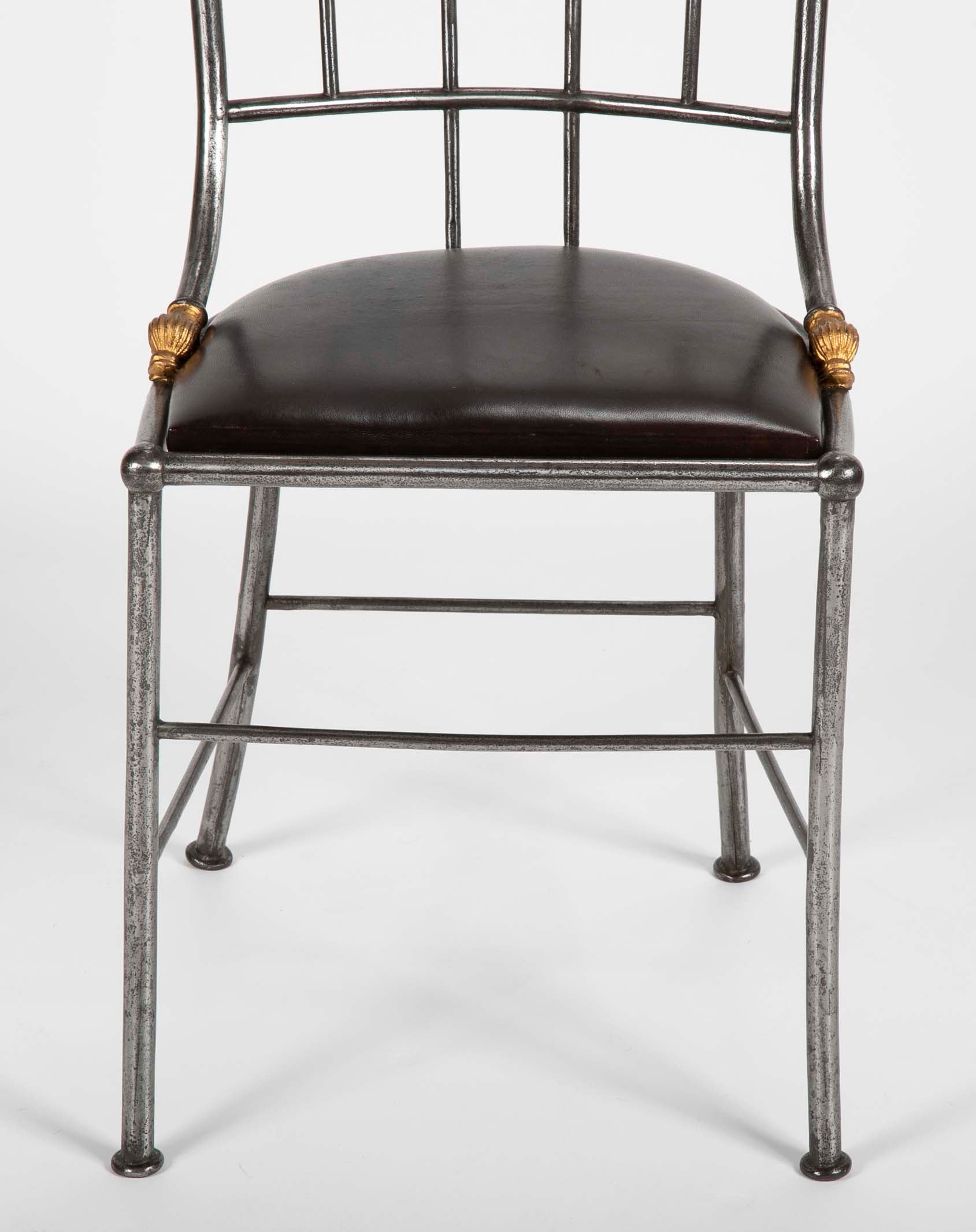 Set of Four Distinctive French Steel & Parcel Gilt Metal Side Chairs