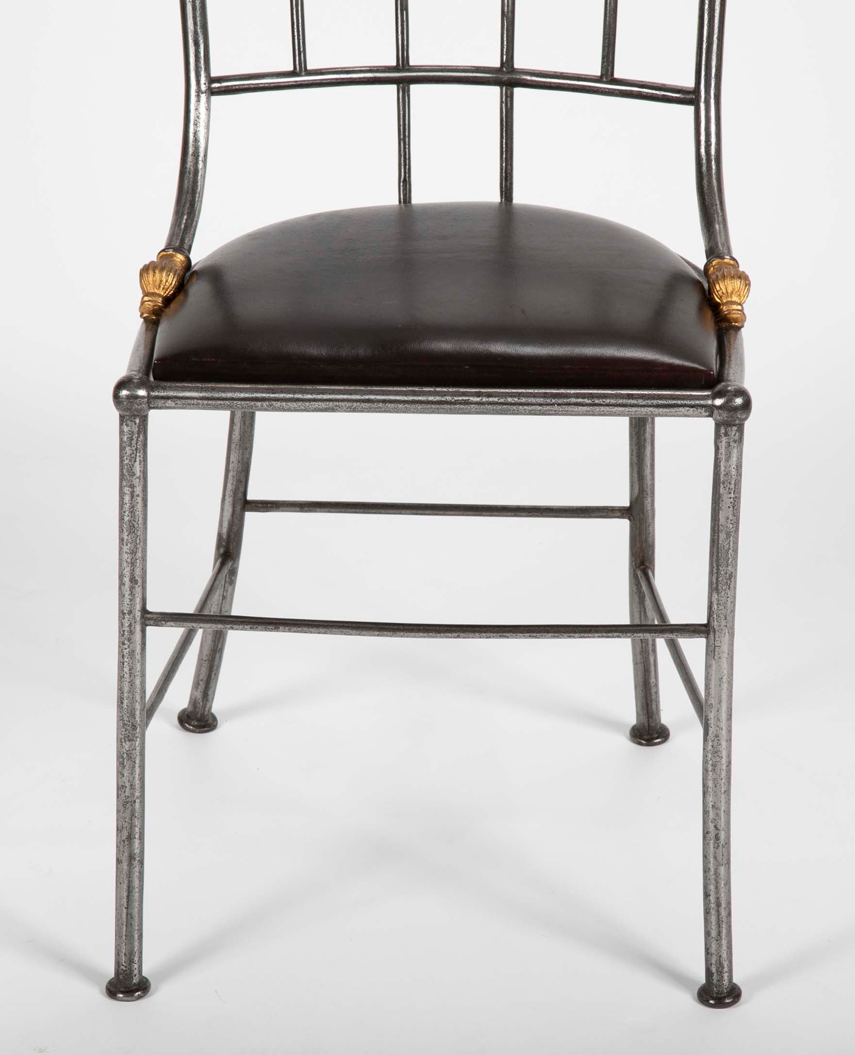 Set of Four Distinctive French Steel & Parcel Gilt Metal Side Chairs