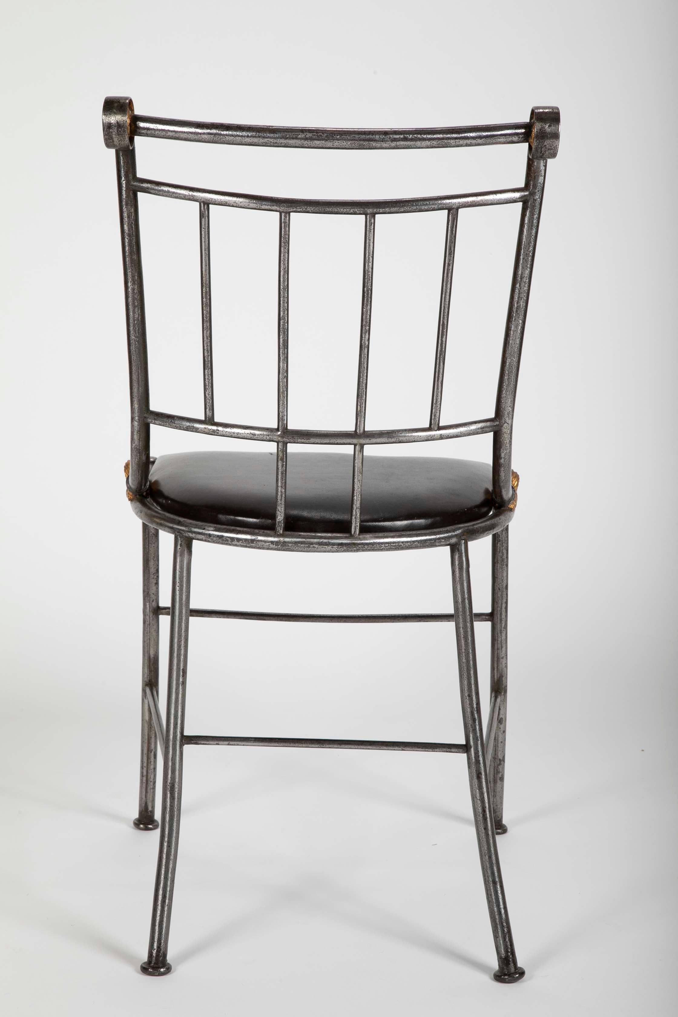 Set of Four Distinctive French Steel & Parcel Gilt Metal Side Chairs