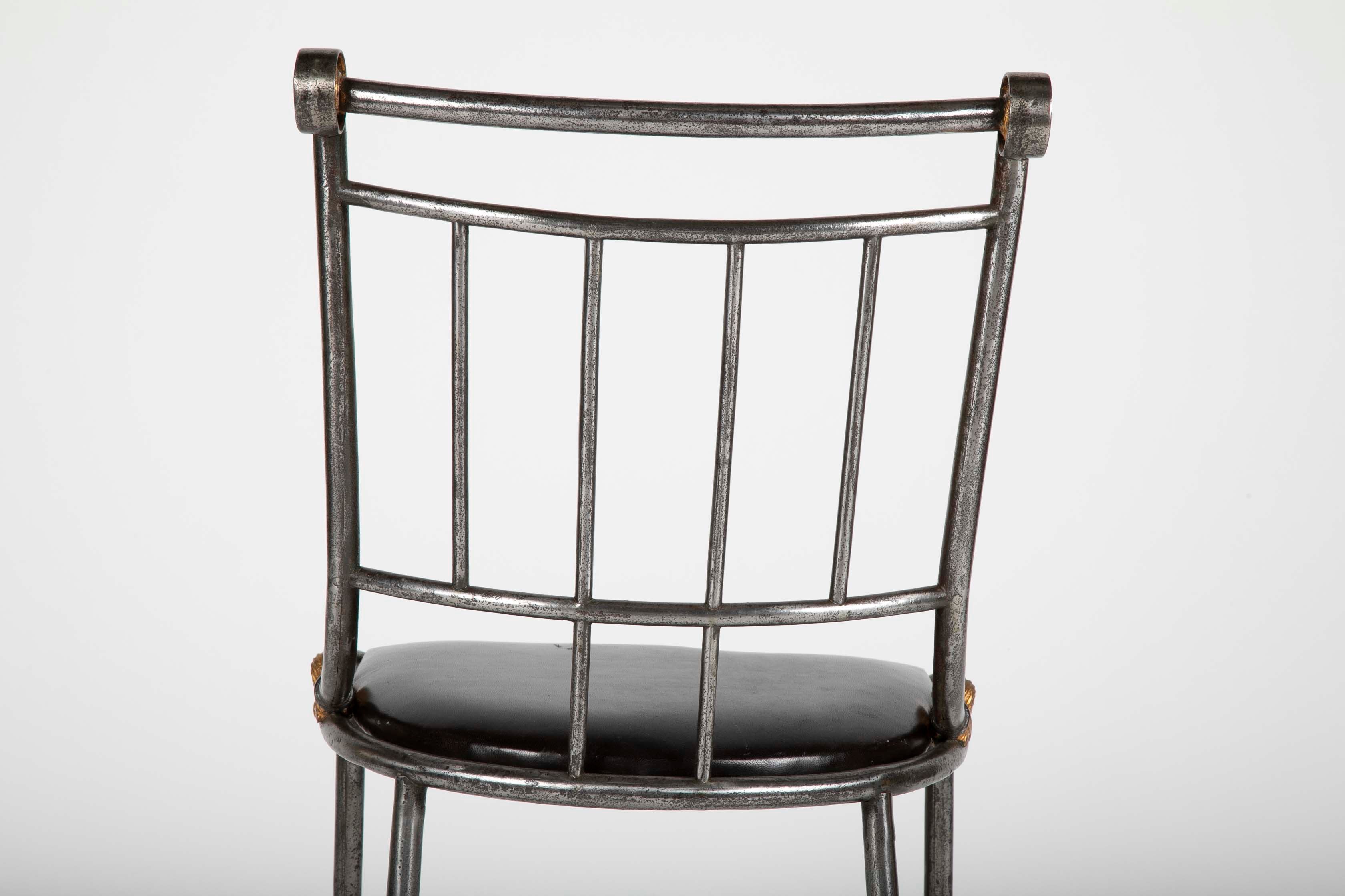Set of Four Distinctive French Steel & Parcel Gilt Metal Side Chairs
