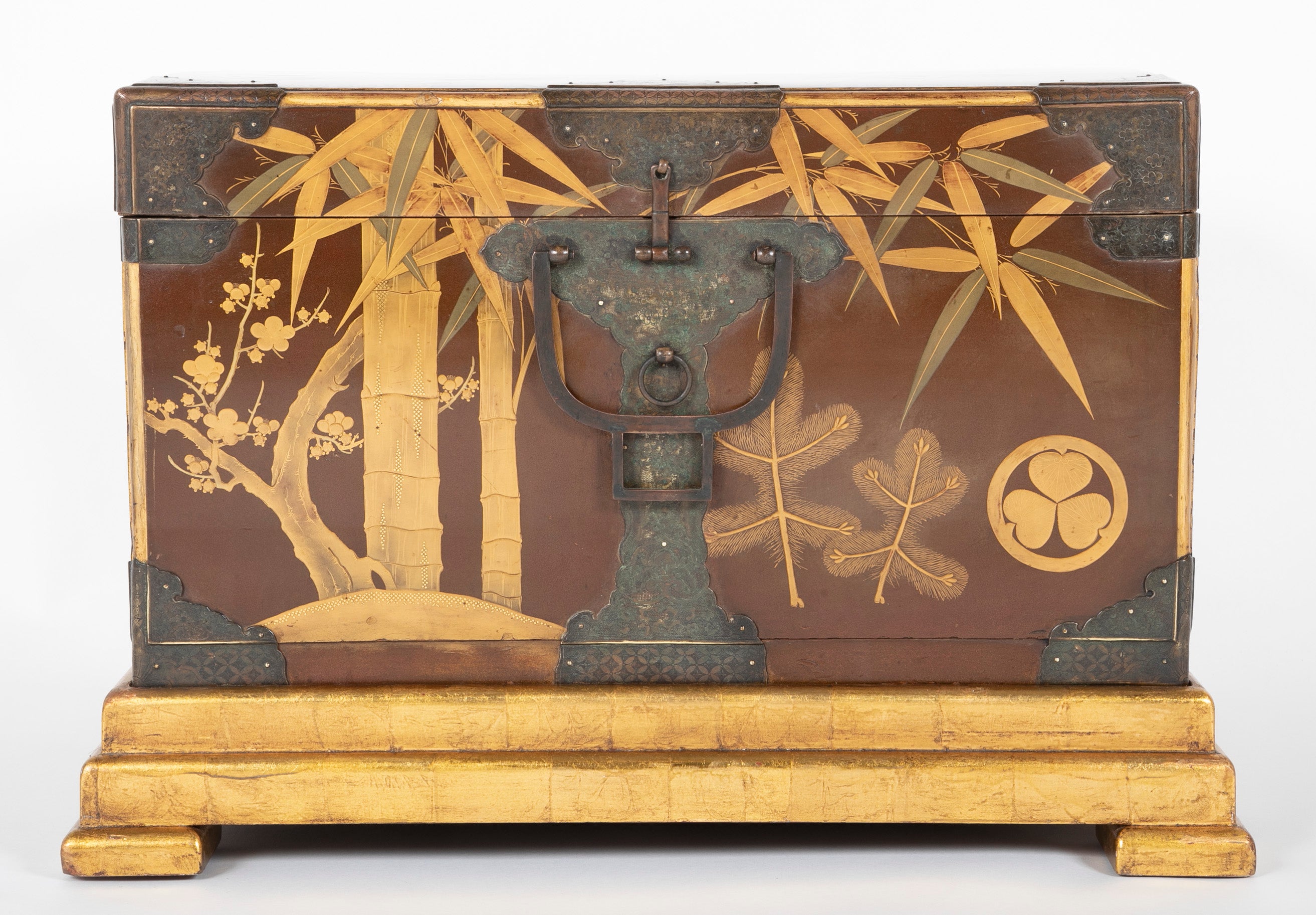 Japanese Edo Period Fabric Chest on Later Gilt Stand