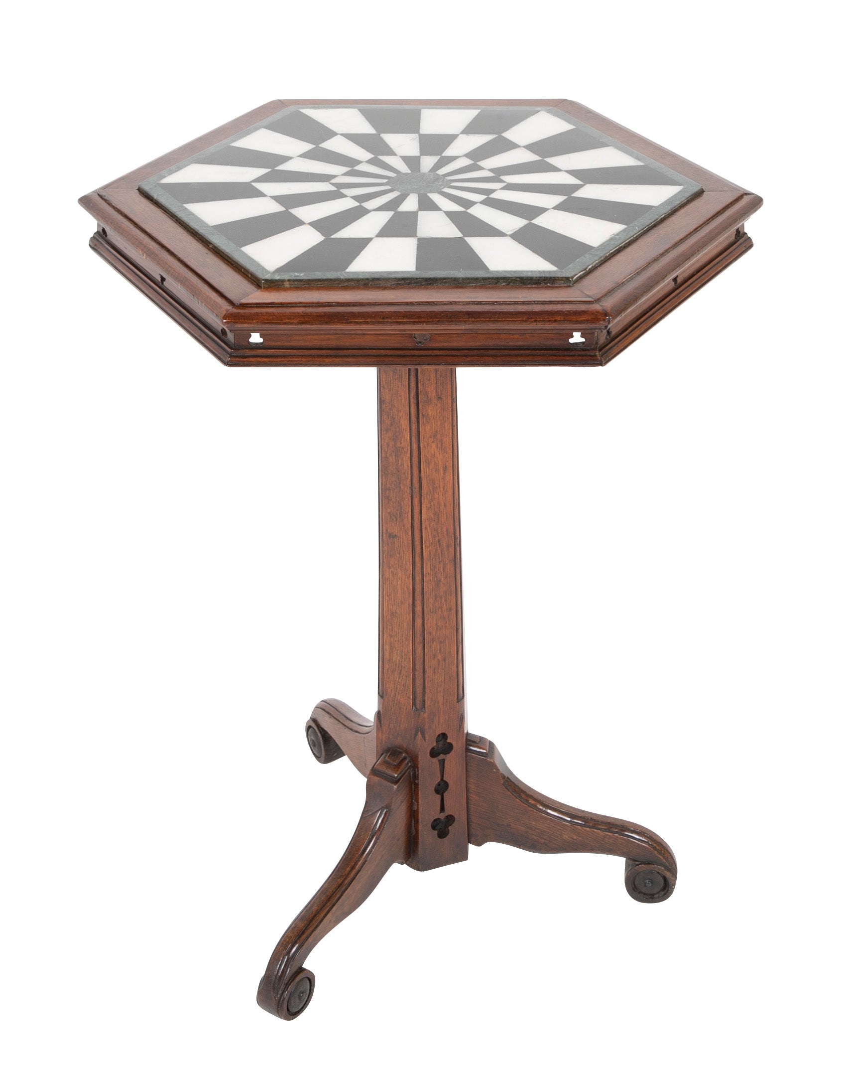 English Oak and Marble Top Occasional Table with Black & White Marble Dart Board Type Design