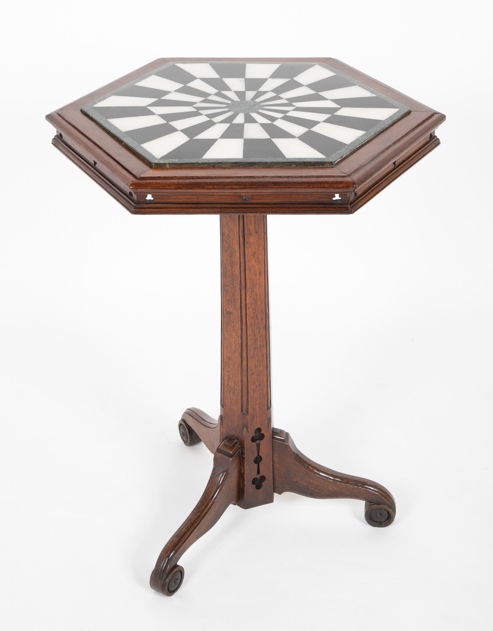 English Oak and Marble Top Occasional Table with Black & White Marble Dart Board Type Design